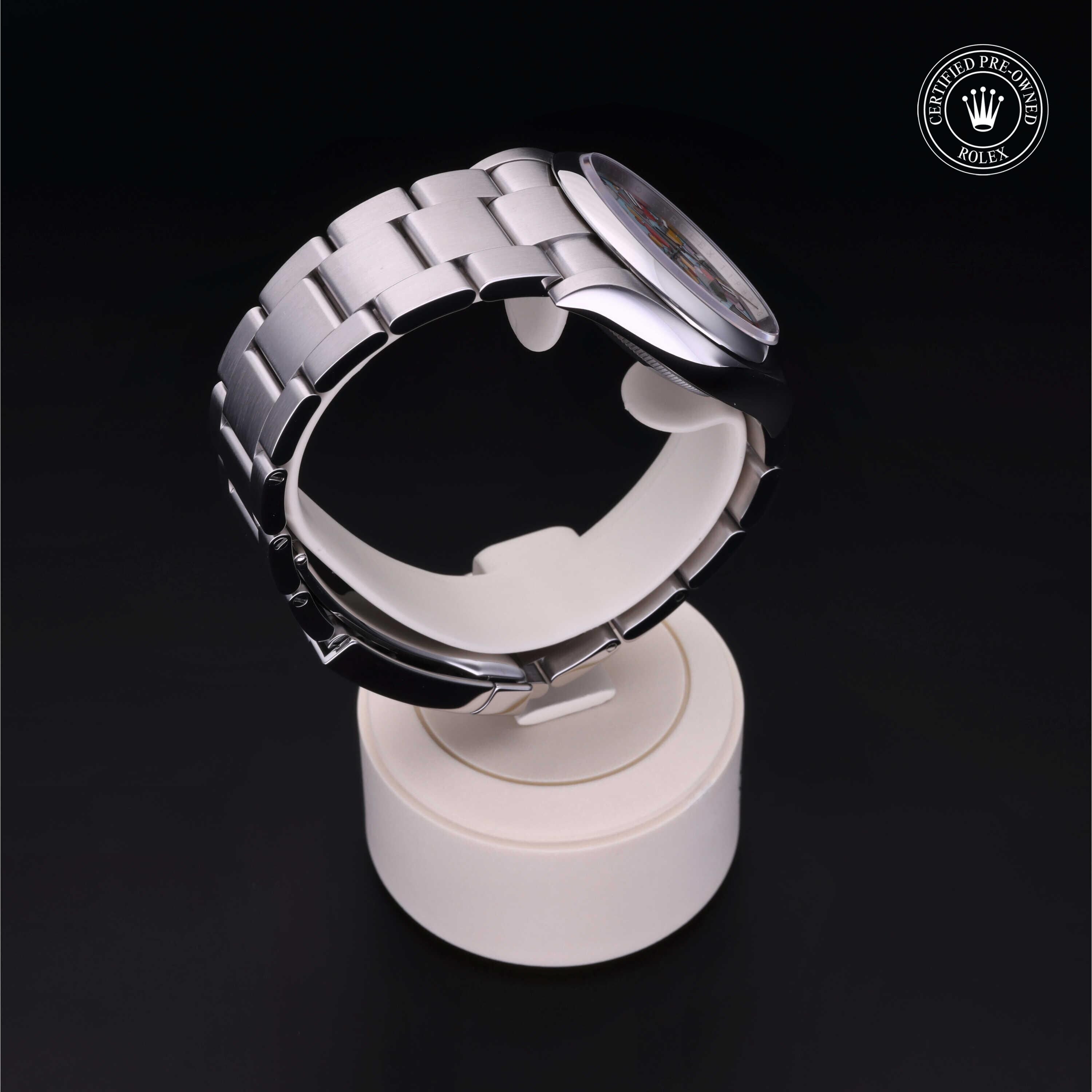 Rolex Certified Pre-owned Oyster Perpetual M126000-0009 front on black background