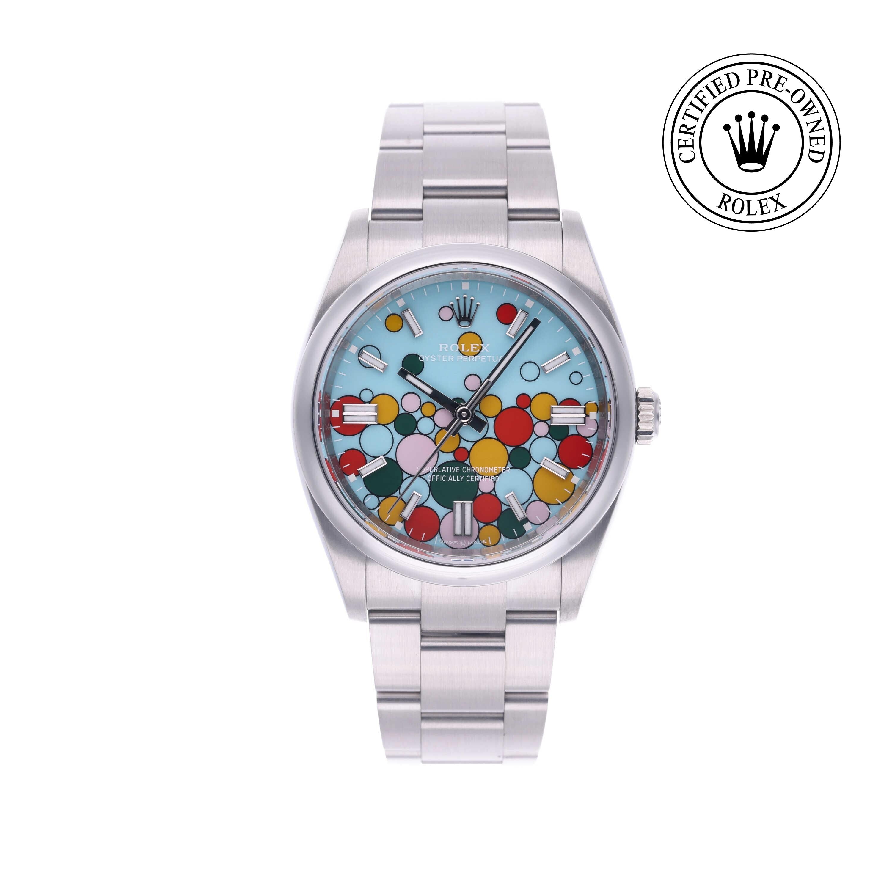 Rolex Certified Pre-owned Oyster Perpetual M126000-0009 front on white background
