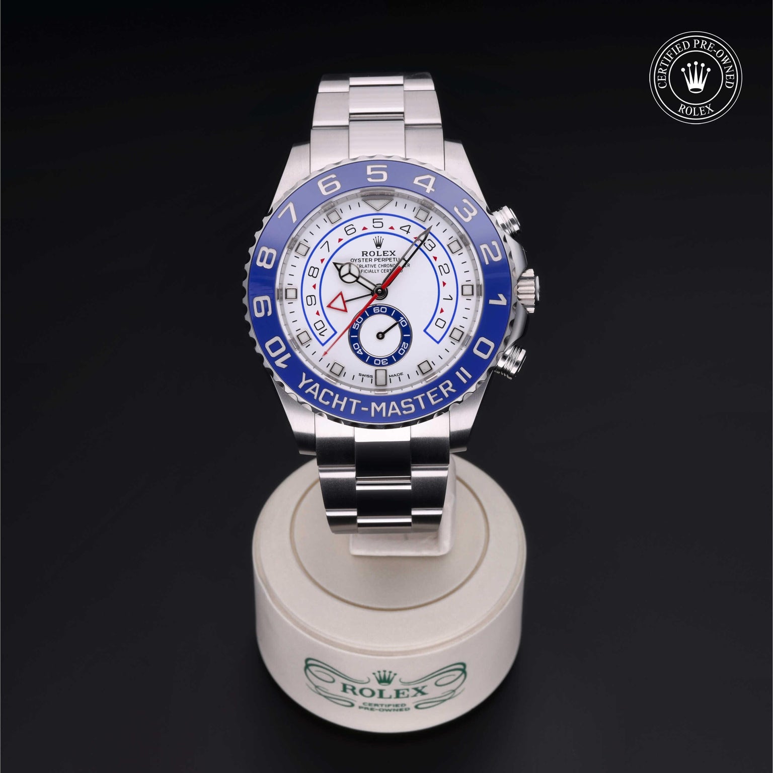 Rolex Certified Pre-owned Yacht-Master M116680-0002 front on black background