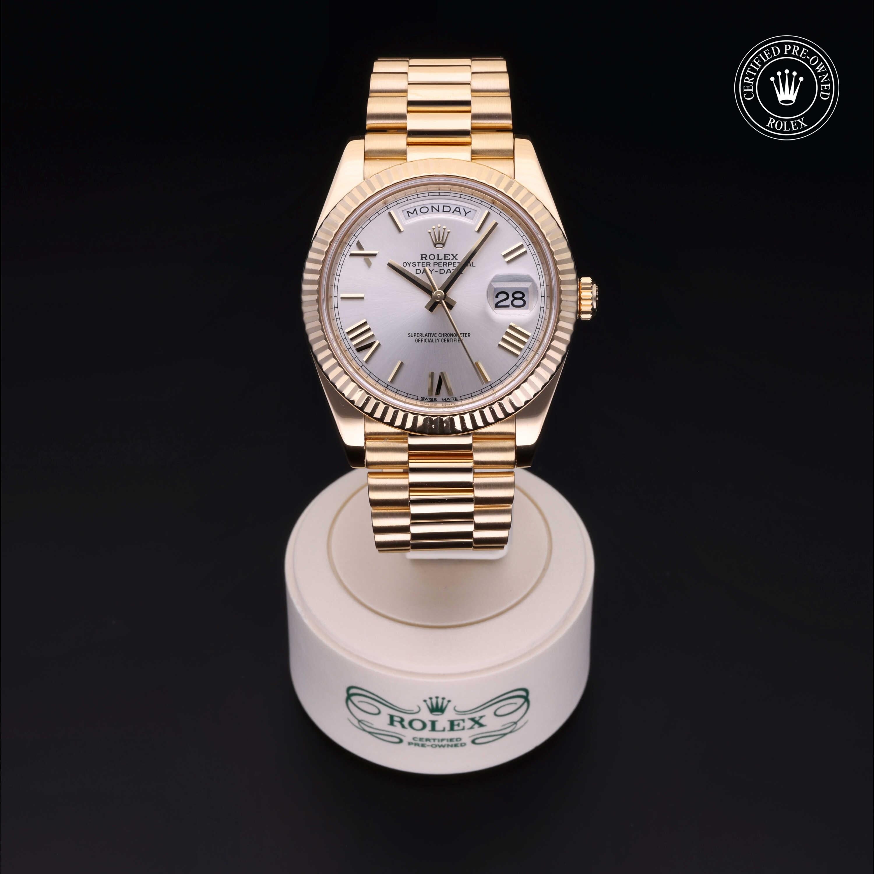 Rolex Certified Pre-owned Day-date M228238-0023 front on black background