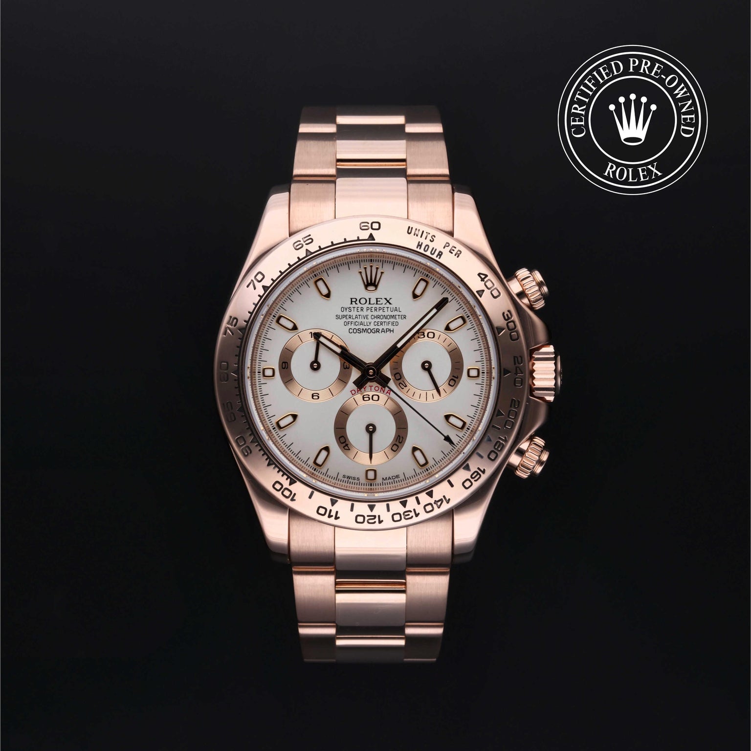 Rolex Certified Pre-owned Daytona M116505-0005 front on black background
