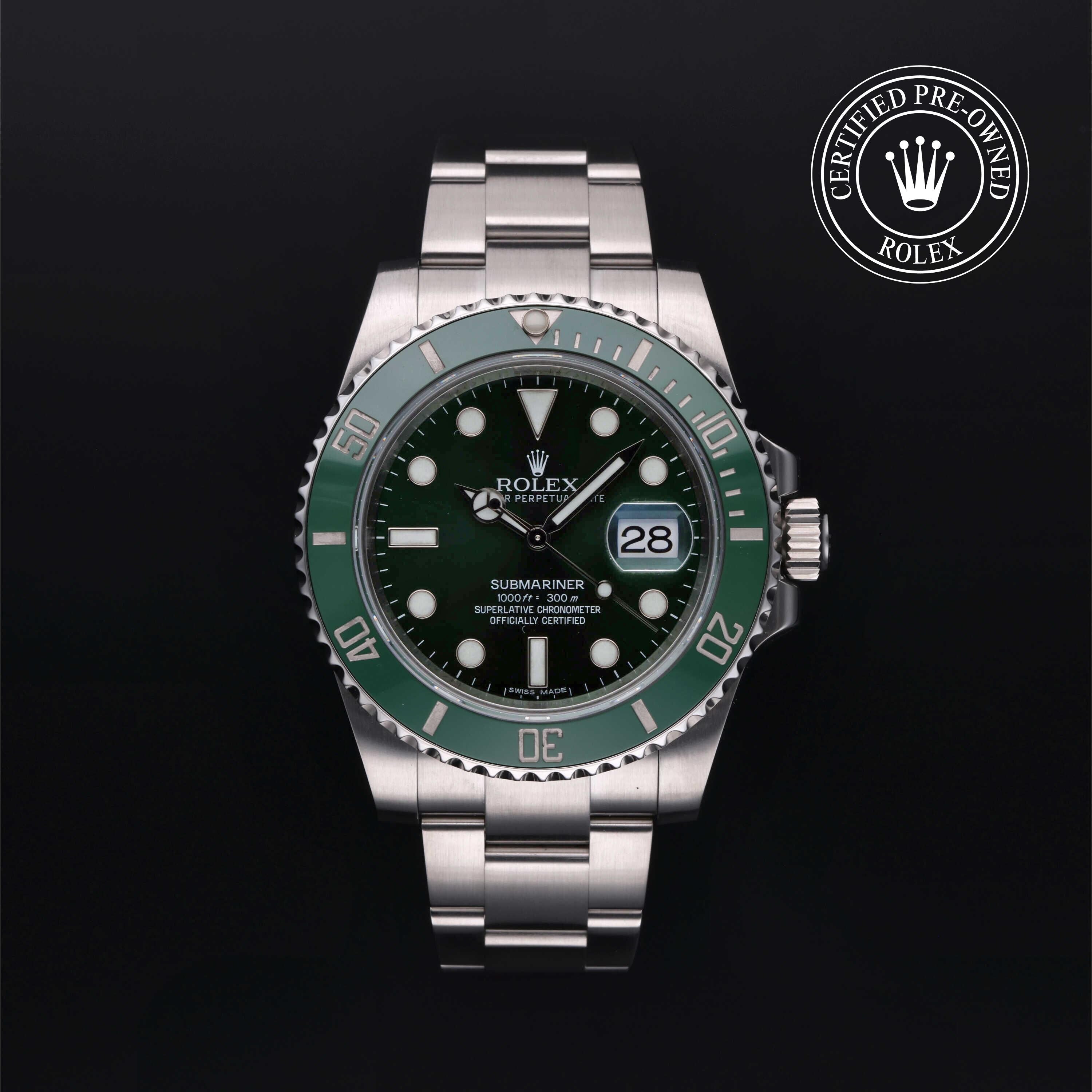 Rolex Certified Pre-owned Submariner M116610LV-0002 front on black background
