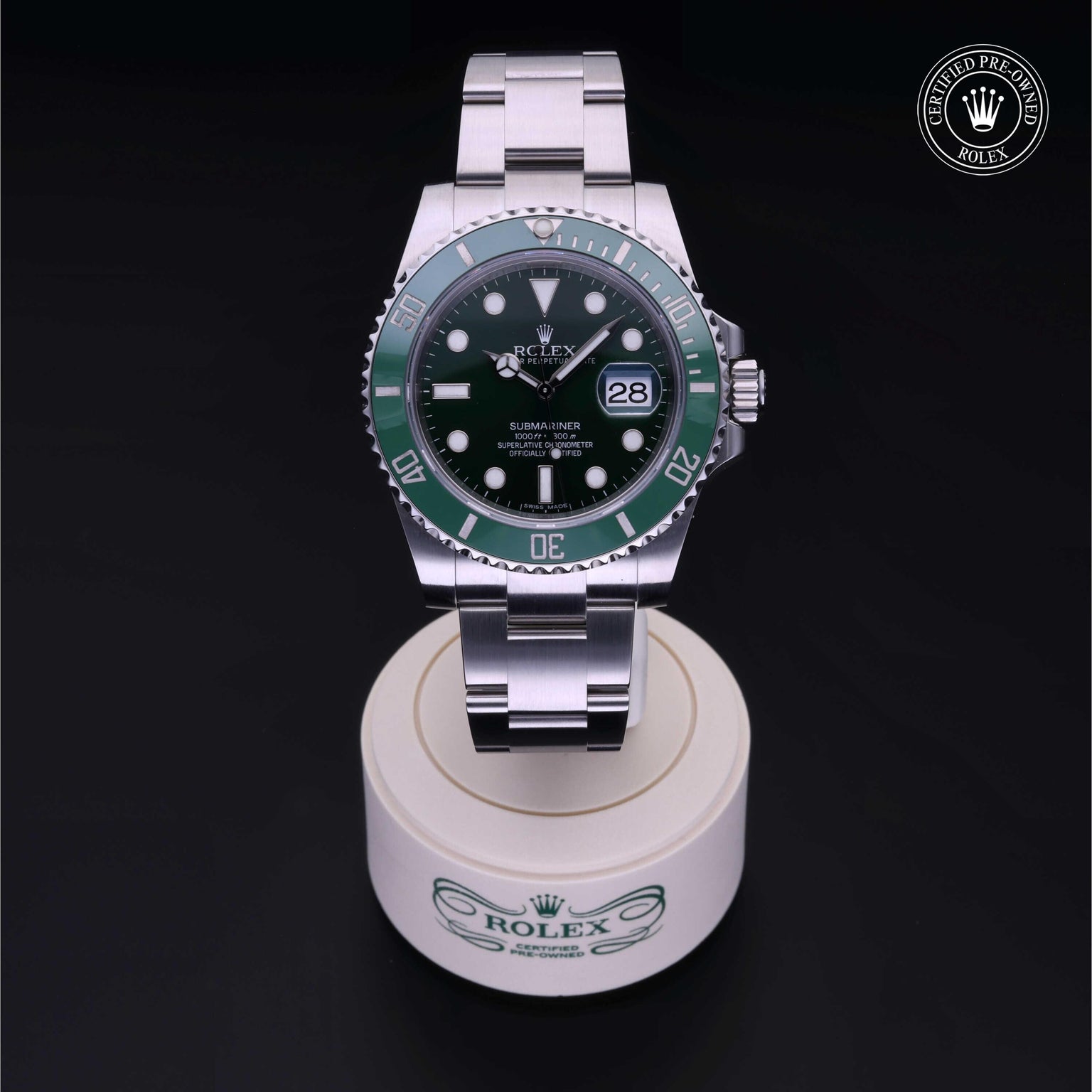 Rolex Certified Pre-owned Submariner M116610LV-0002 front on black background