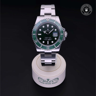 Rolex Certified Pre-owned Submariner M116610LV-0002 front on black background