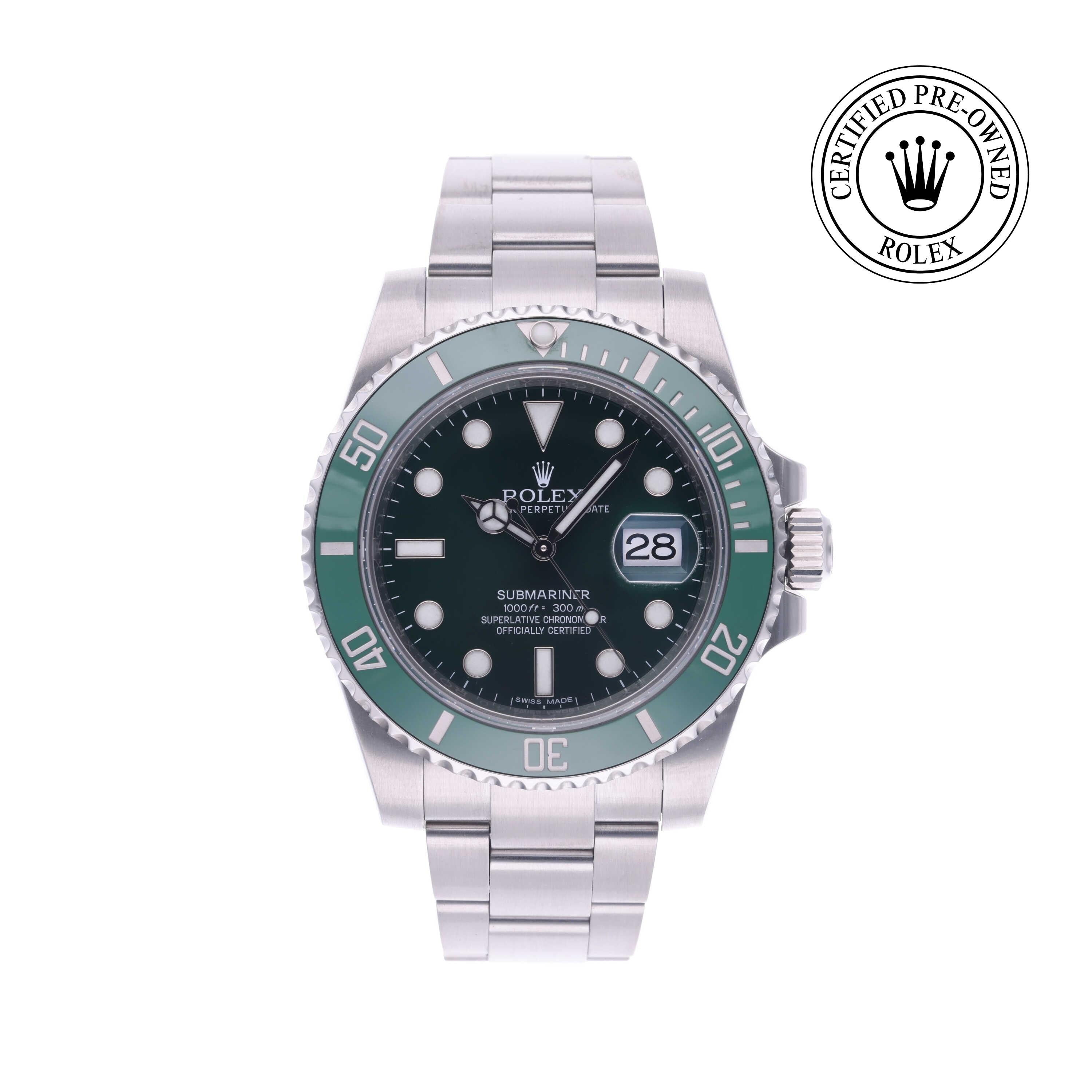 Rolex Certified Pre-owned Submariner M116610LV-0002 front on white background