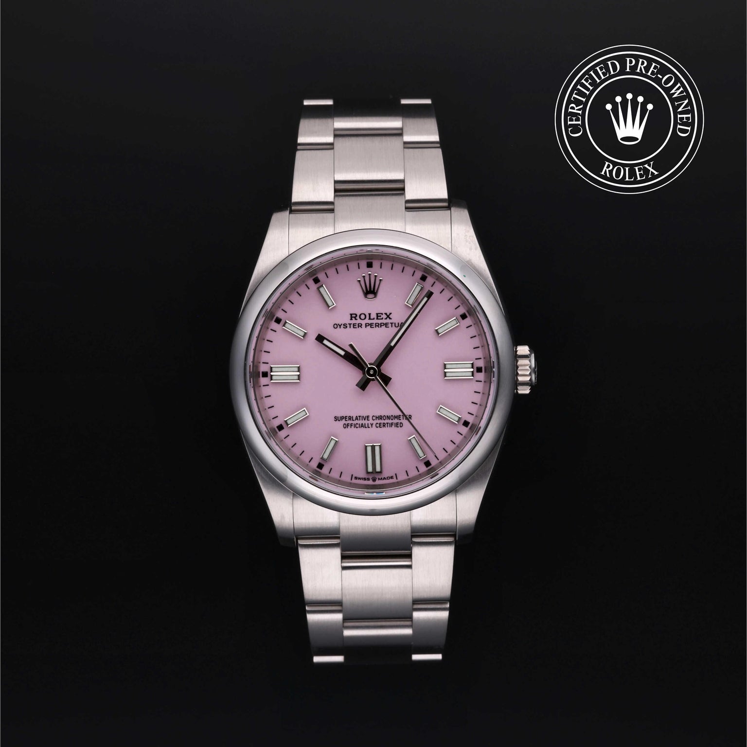 Rolex Certified Pre-owned Oyster Perpetual M126000-0008 front on black background