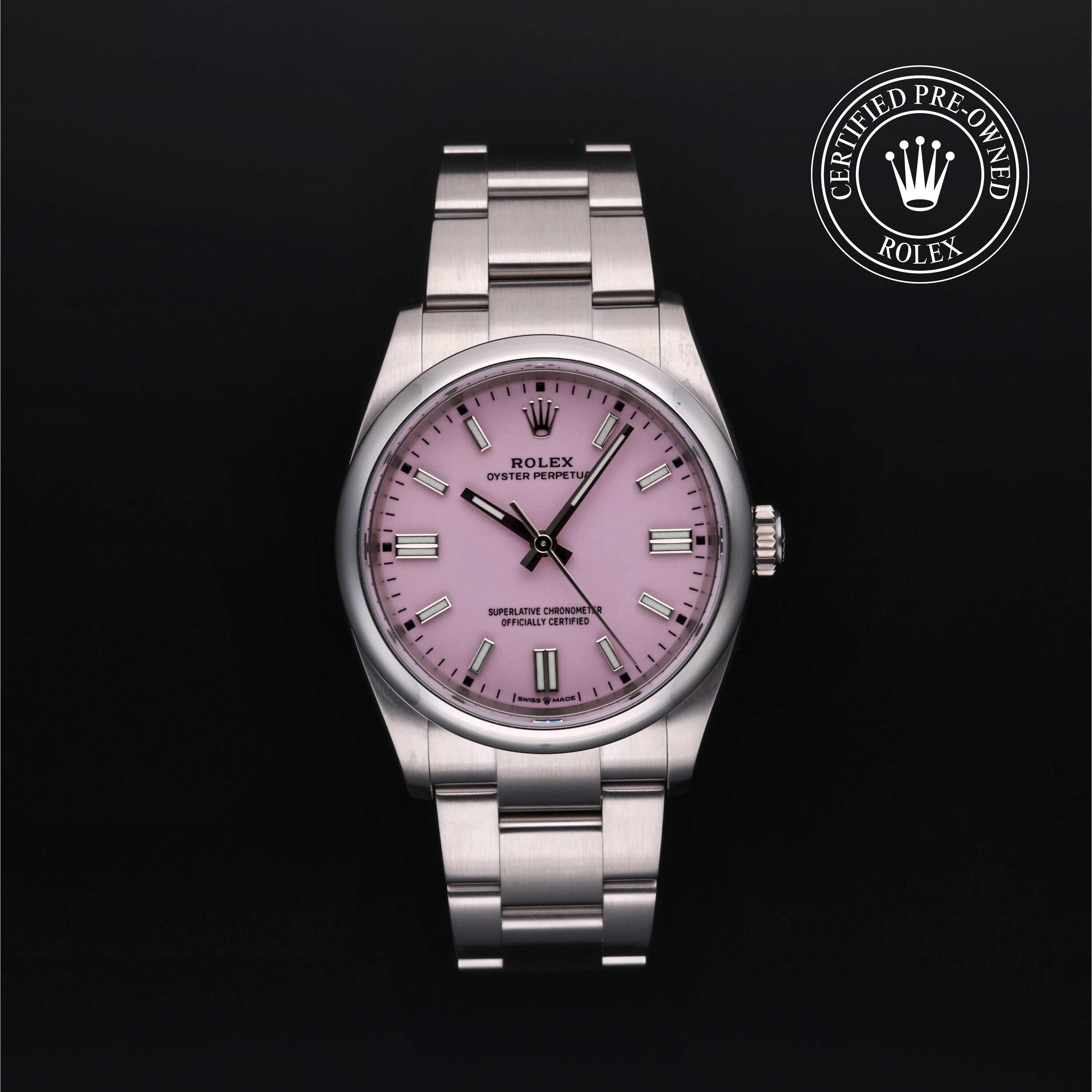 Rolex Certified Pre-owned Oyster Perpetual M126000-0008 front on black background