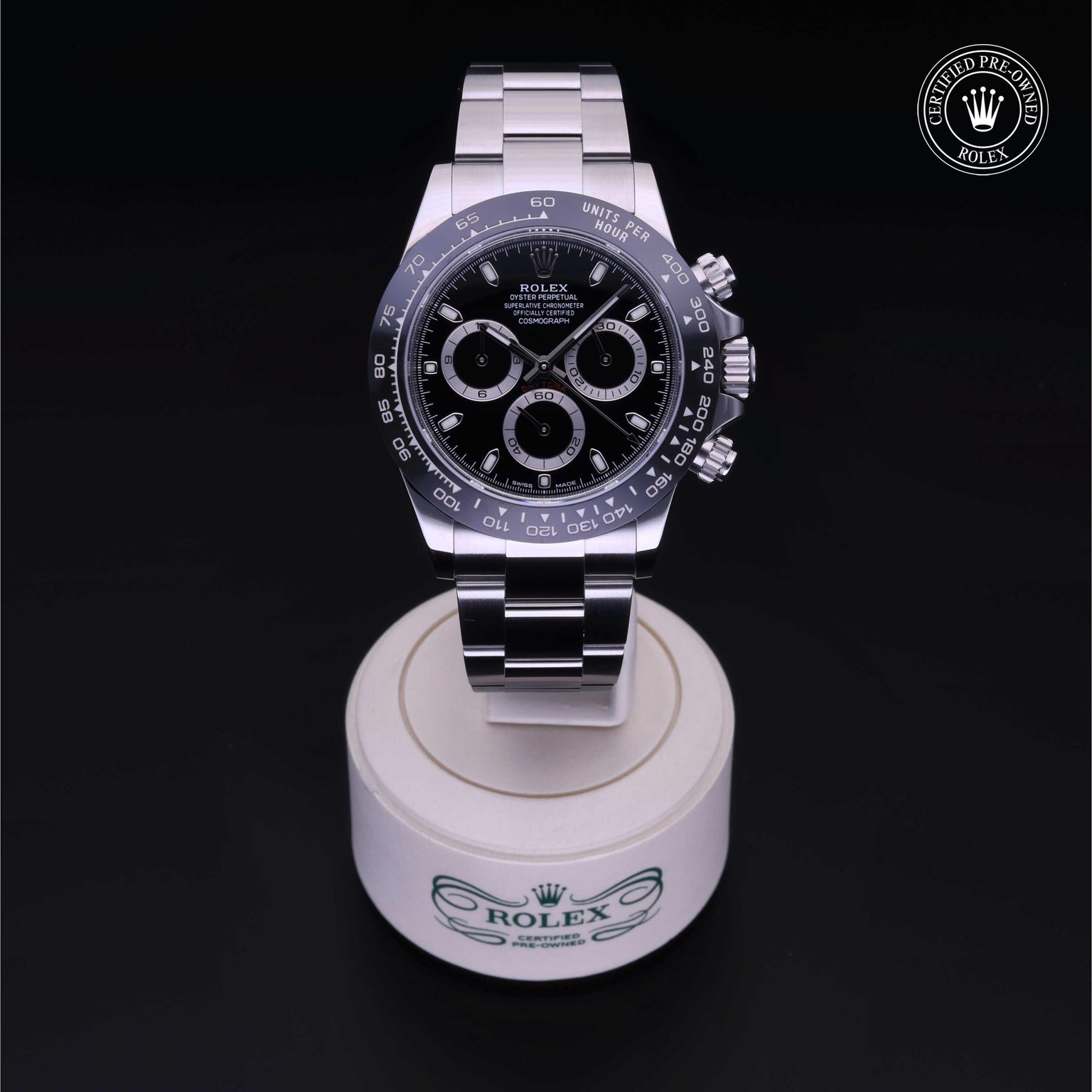 Rolex Certified Pre-owned Daytona M116500LN-0002 front on black background