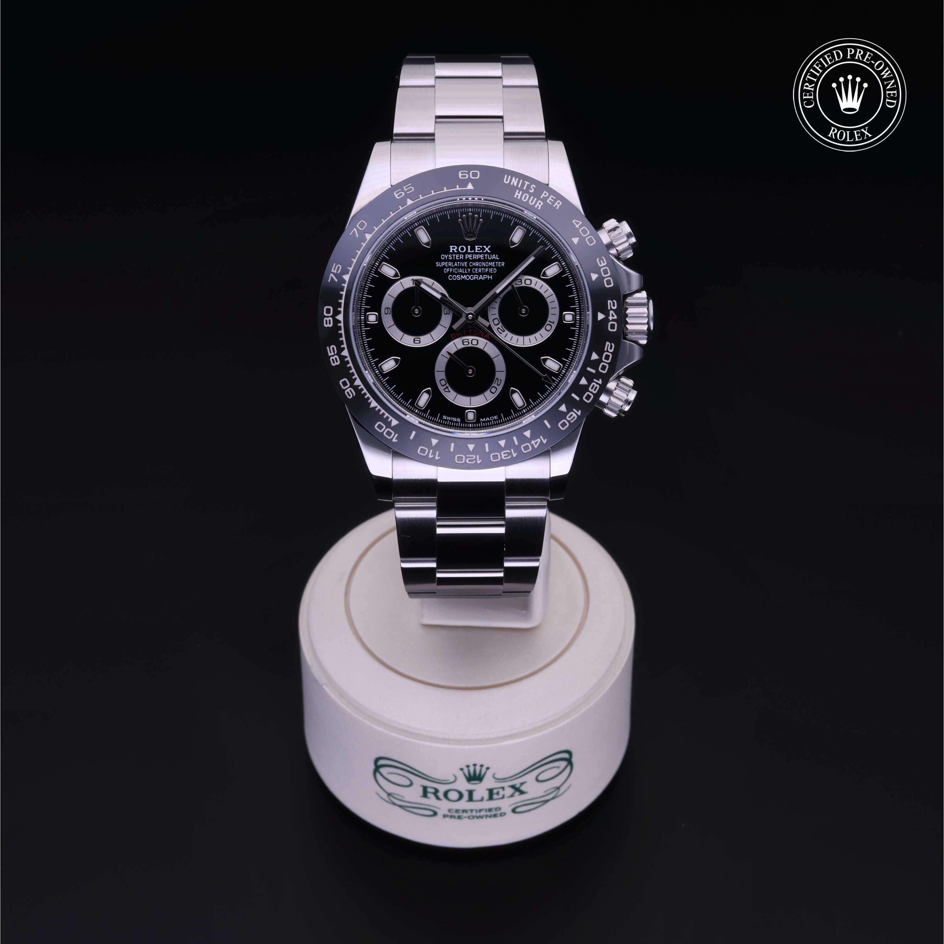 Rolex Certified Pre-owned Daytona M116500LN-0002 front on black background