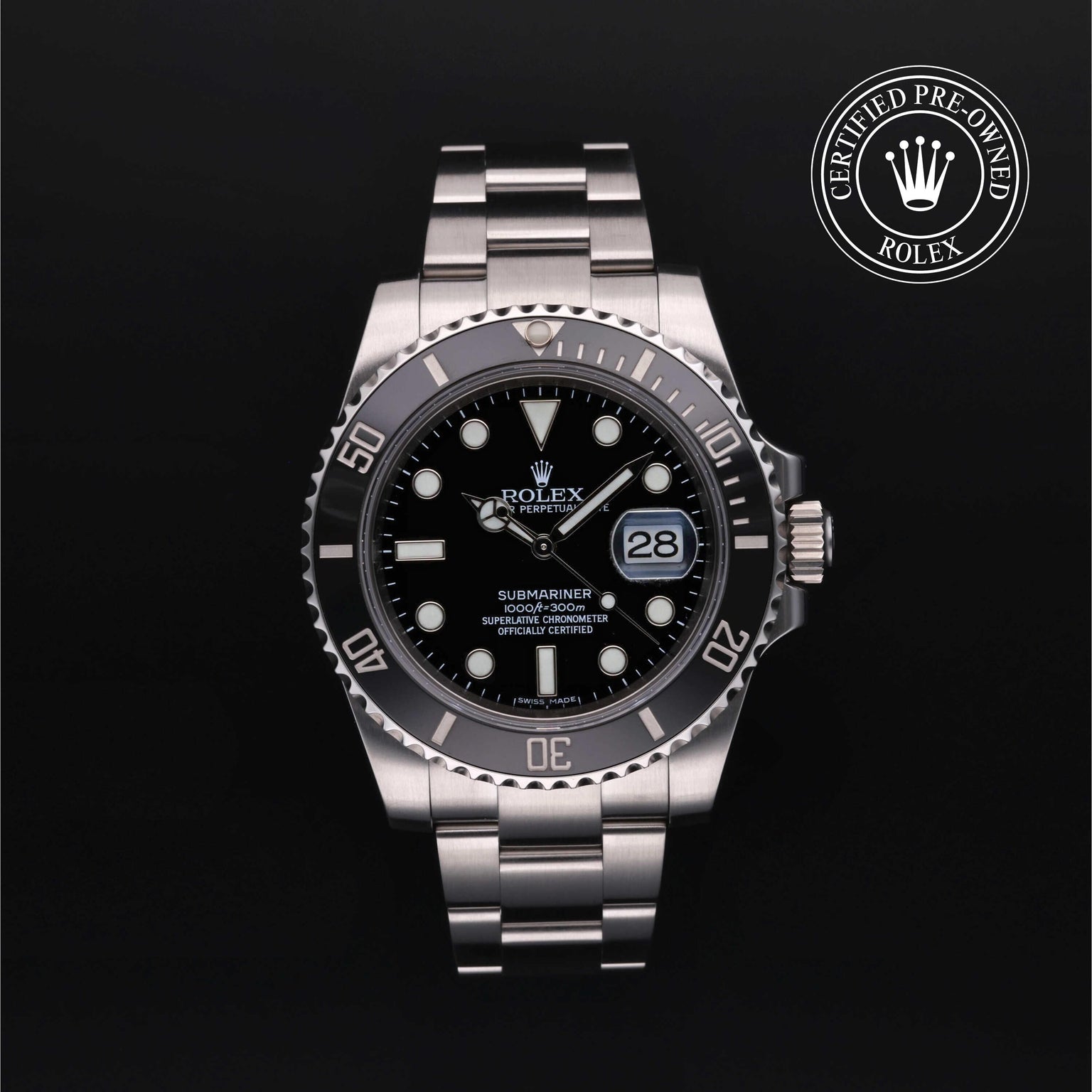 Rolex Certified Pre-owned Submariner M116610LN-0001 front on black background