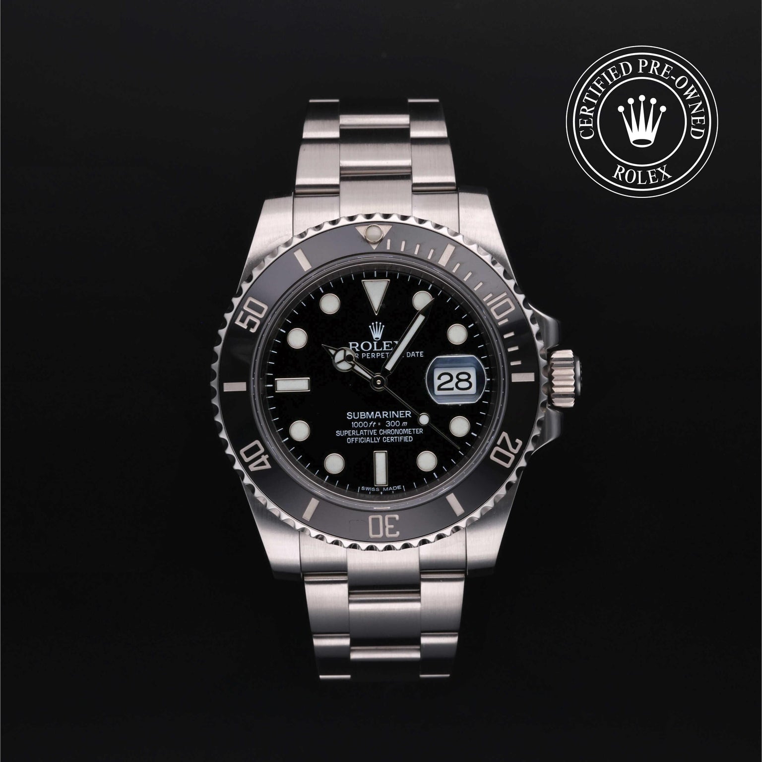 Rolex Certified Pre-owned Submariner M116610LN-0001 front on black background