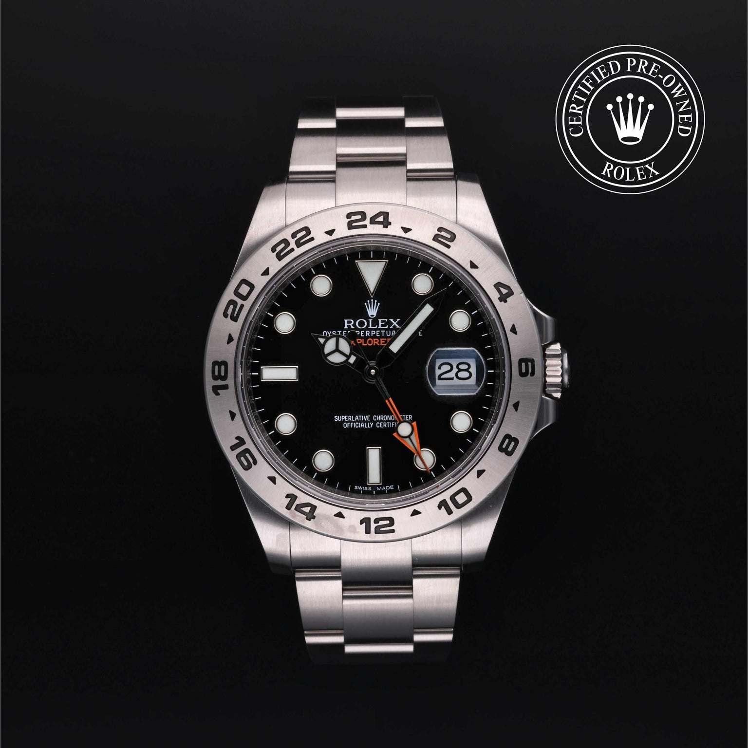 Rolex Certified Pre-owned Explorer M216570-0002 front on black background