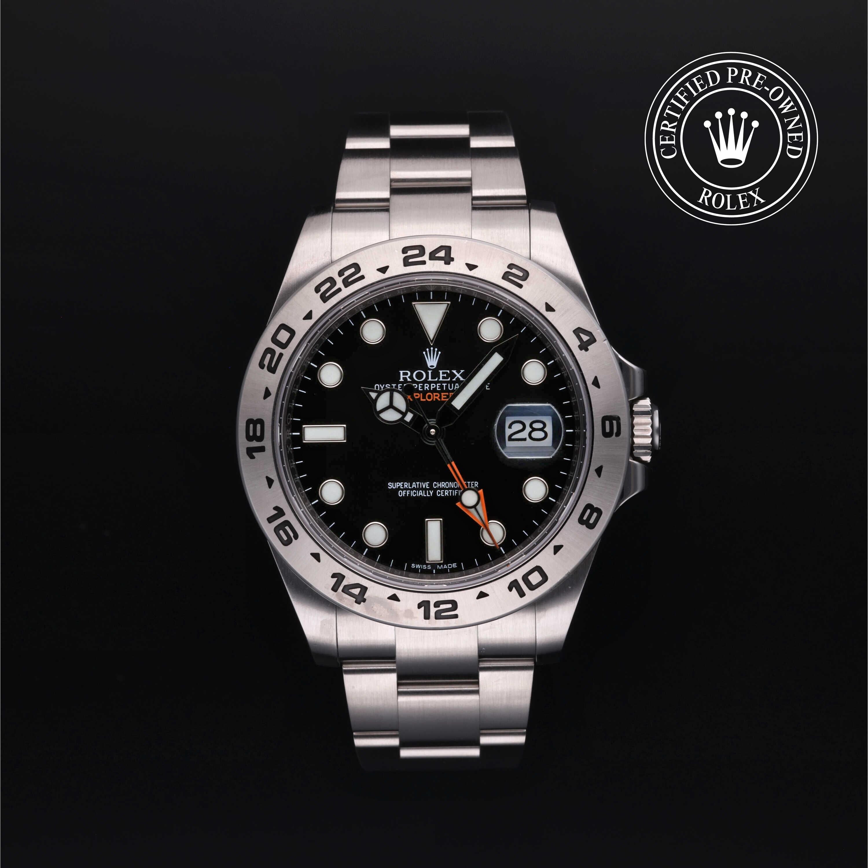 Rolex Certified Pre-owned Explorer M216570-0002 front on black background