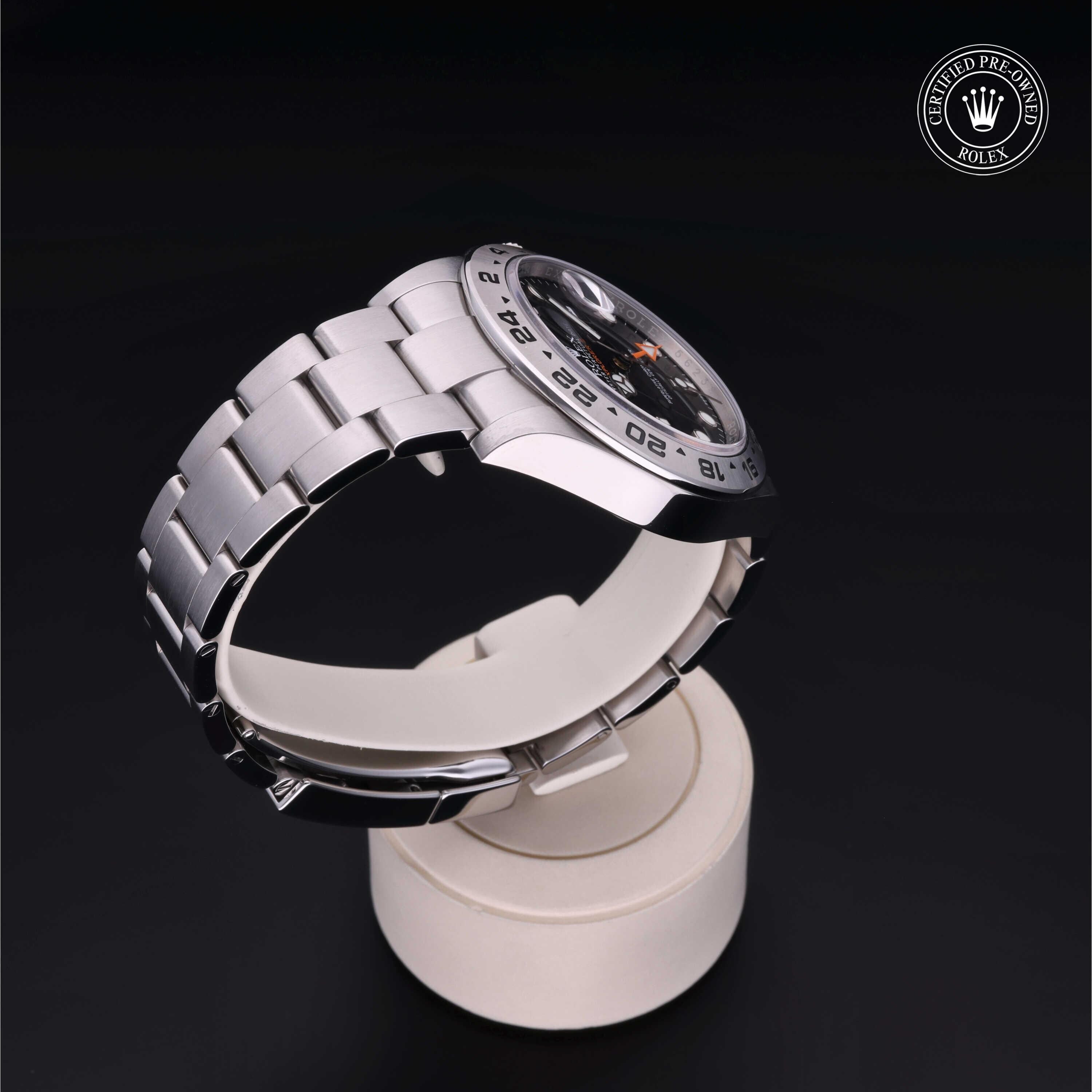 Rolex Certified Pre-owned Explorer M216570-0002 front on black background