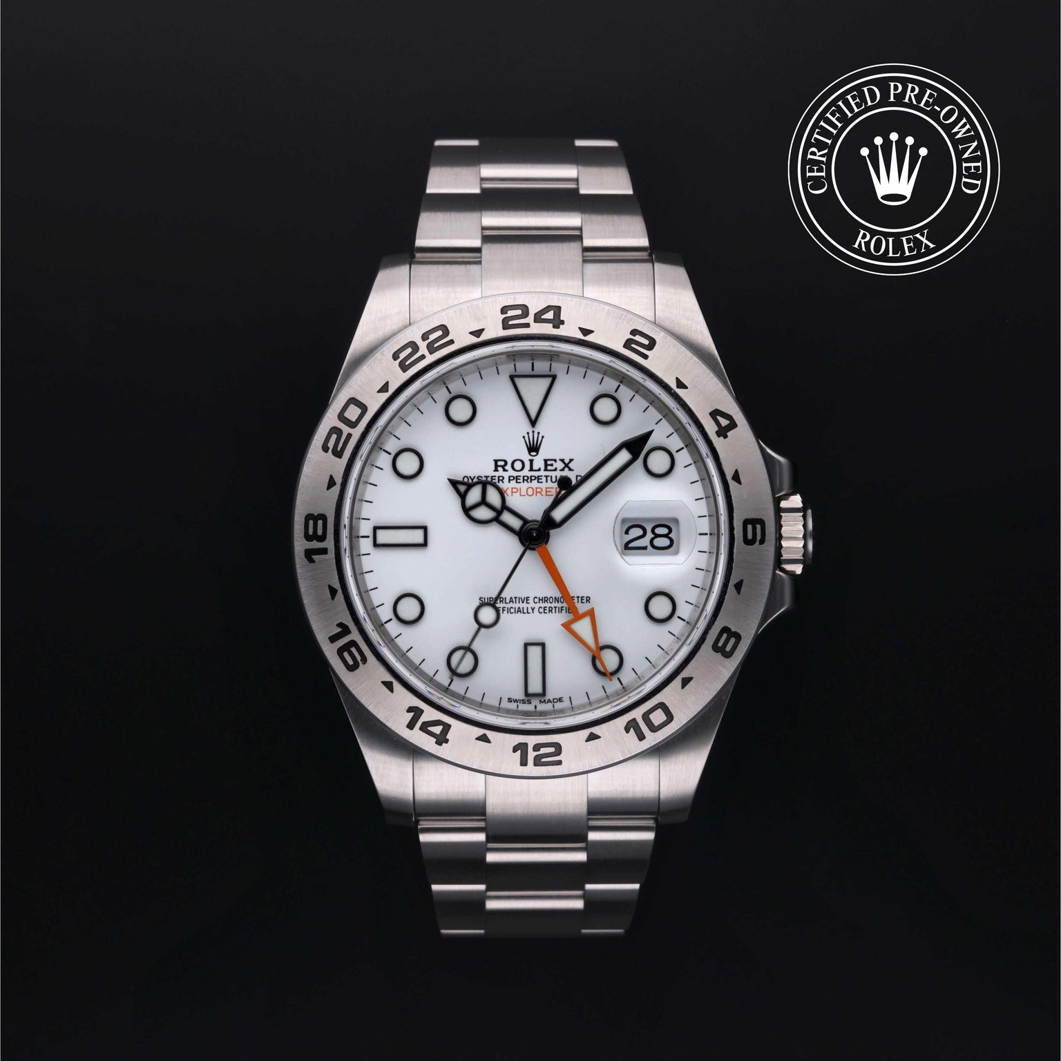 Rolex Certified Pre-owned Explorer M216570-0001 front on black background