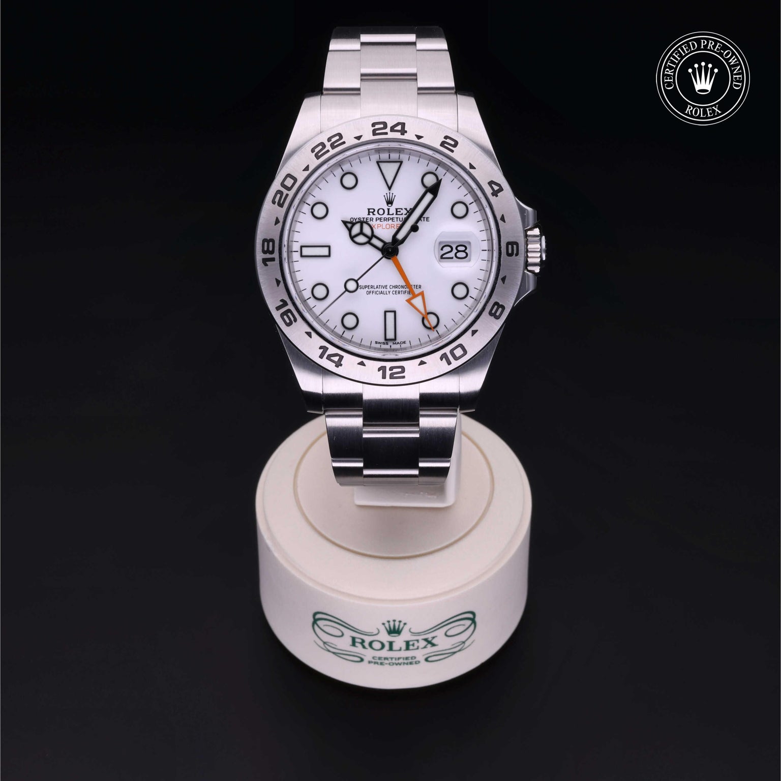 Rolex Certified Pre-owned Explorer M216570-0001 front on black background