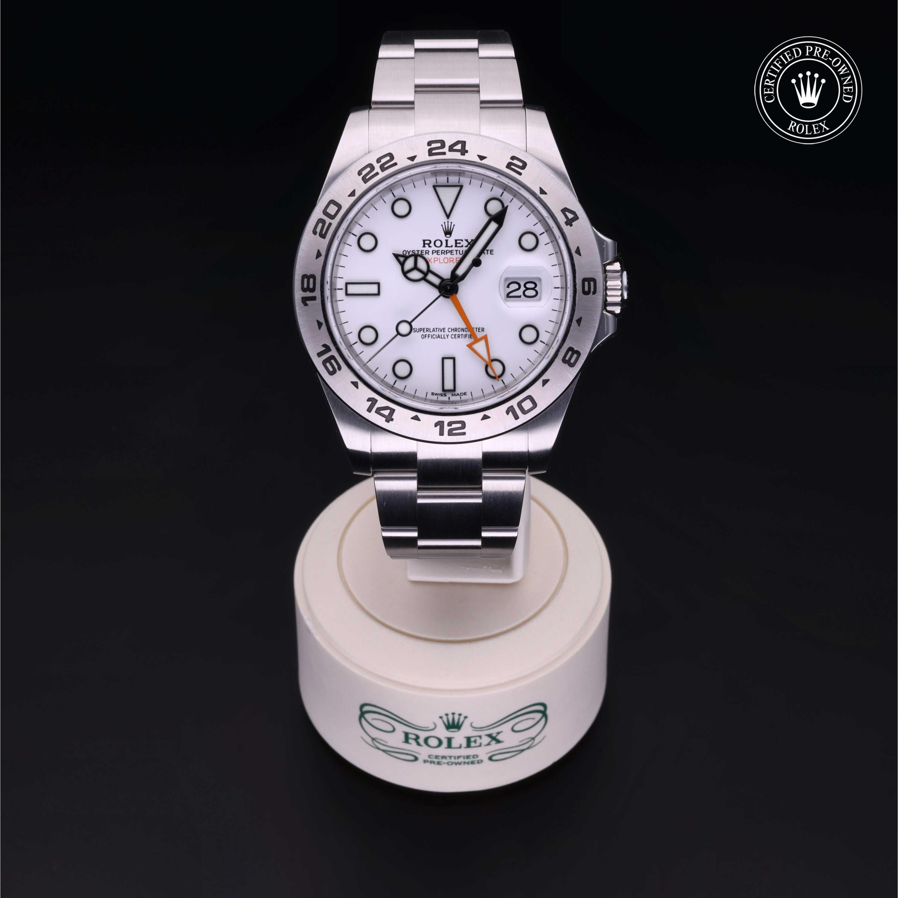 Rolex Certified Pre-owned Explorer M216570-0001 front on black background