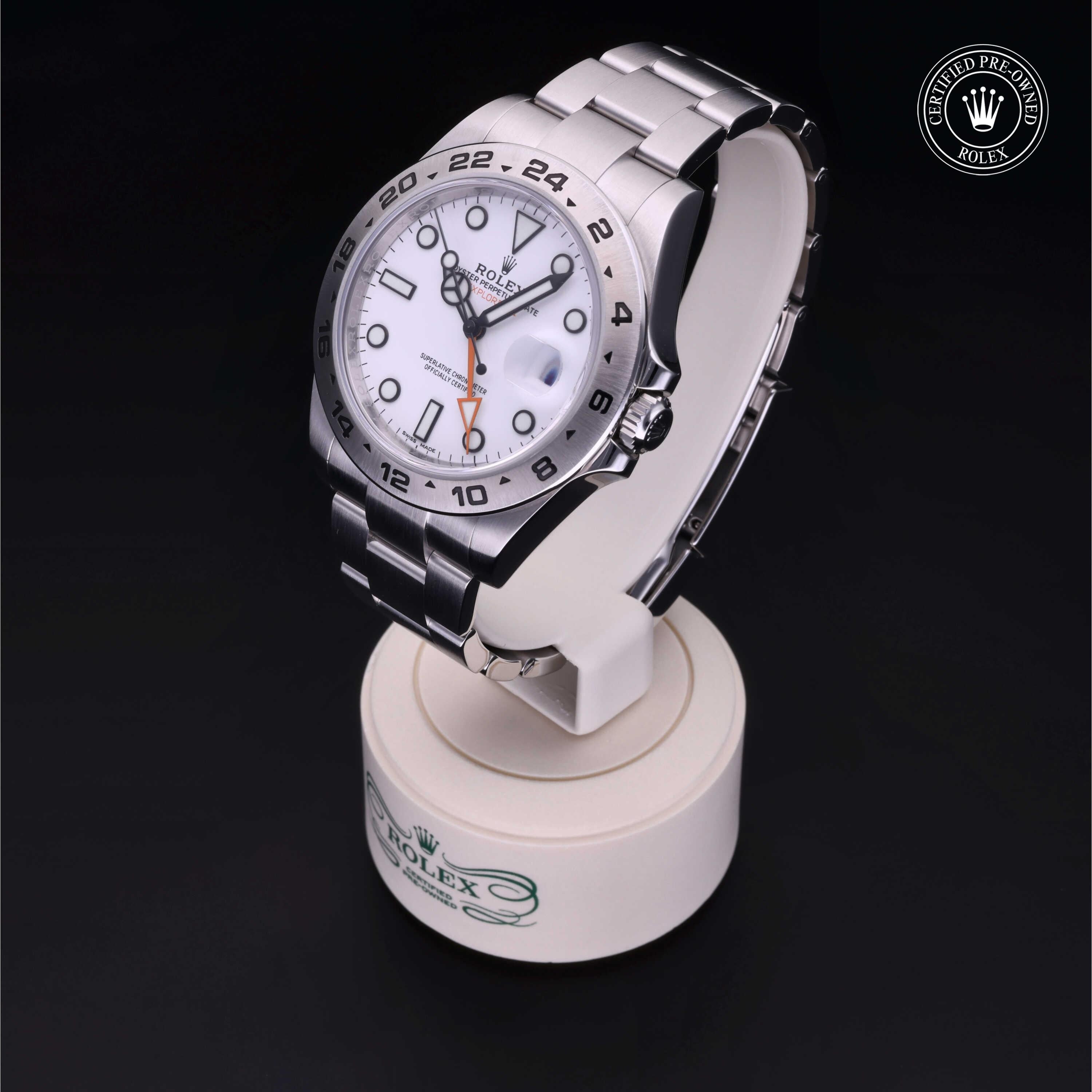 Rolex Certified Pre-owned Explorer M216570-0001 front on black background