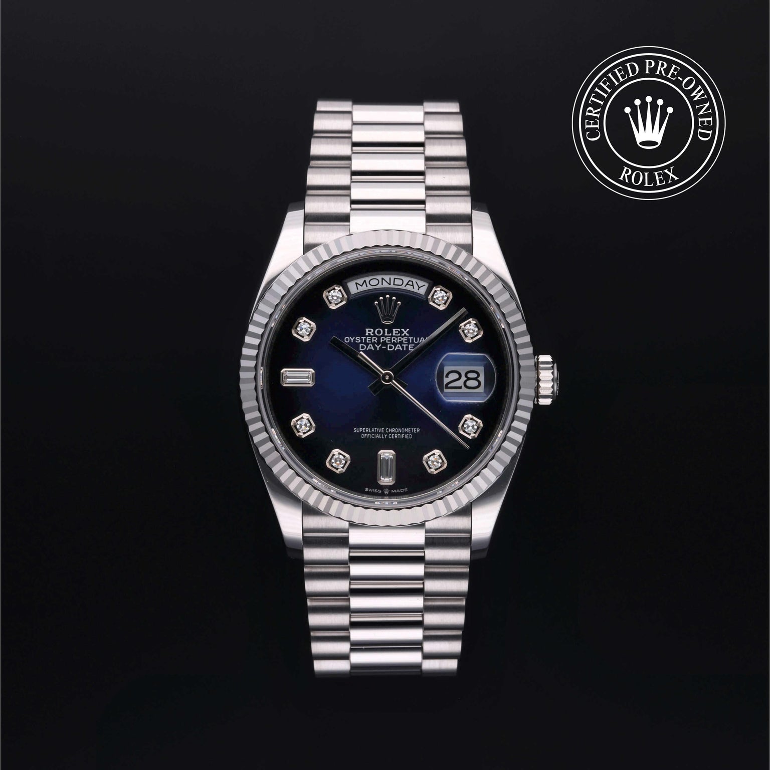 Rolex Certified Pre-owned Day-date M128236-0005 front on black background