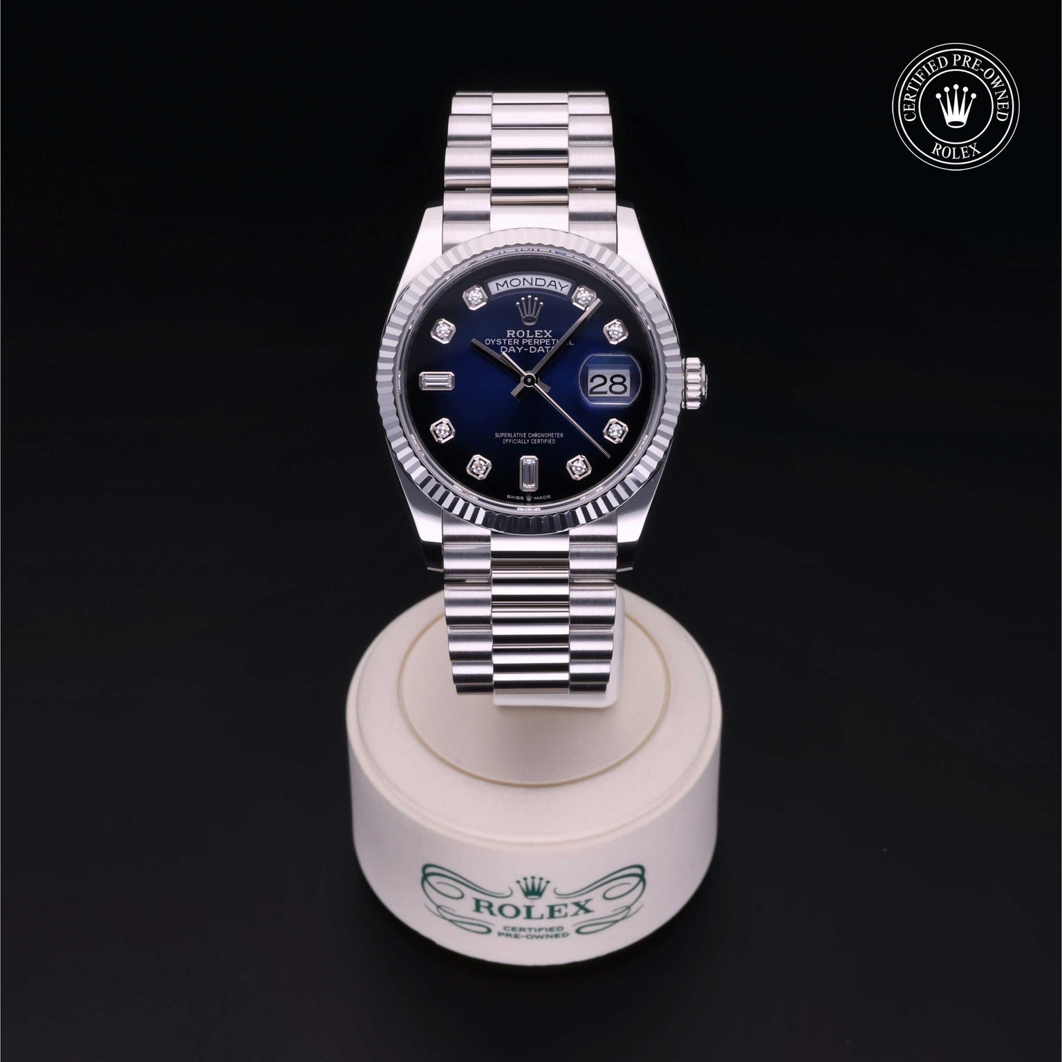 Rolex Certified Pre-owned Day-date M128236-0005 front on black background