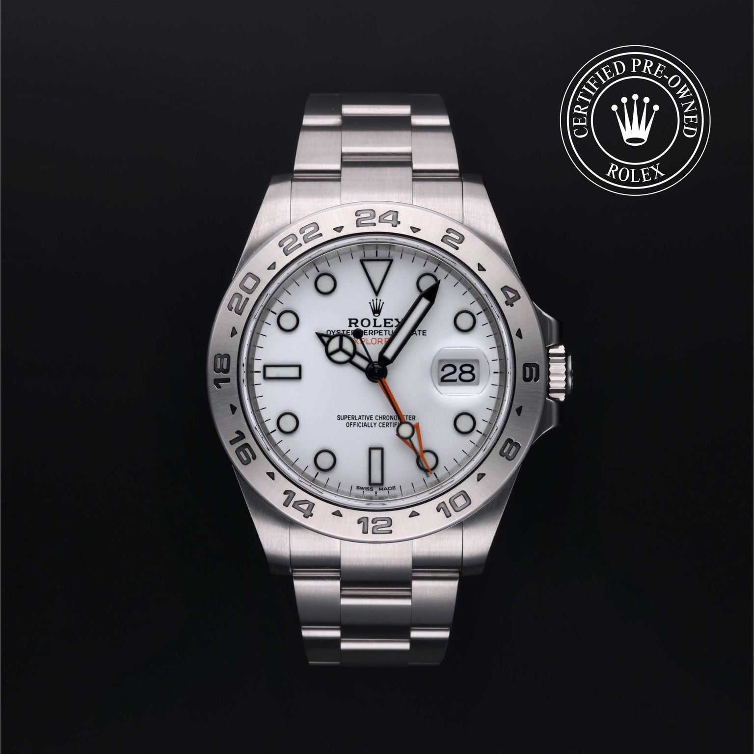 Rolex Certified Pre-owned Explorer II M216570-0001 front on black background