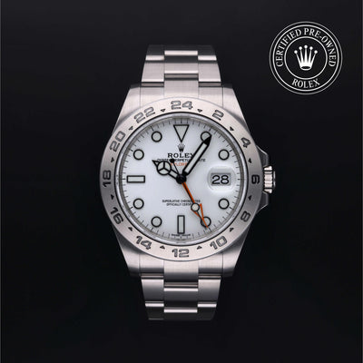 Rolex Certified Pre-owned Explorer II M216570-0001 front on black background