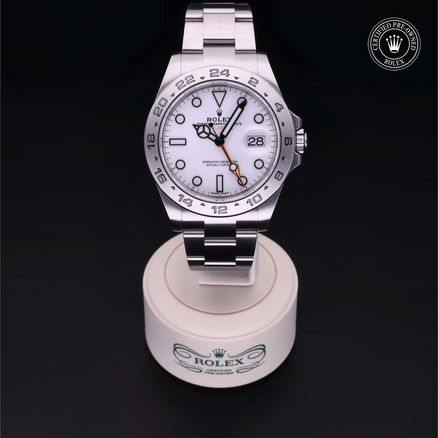 Rolex Certified Pre-owned Explorer II M216570-0001 front on black background
