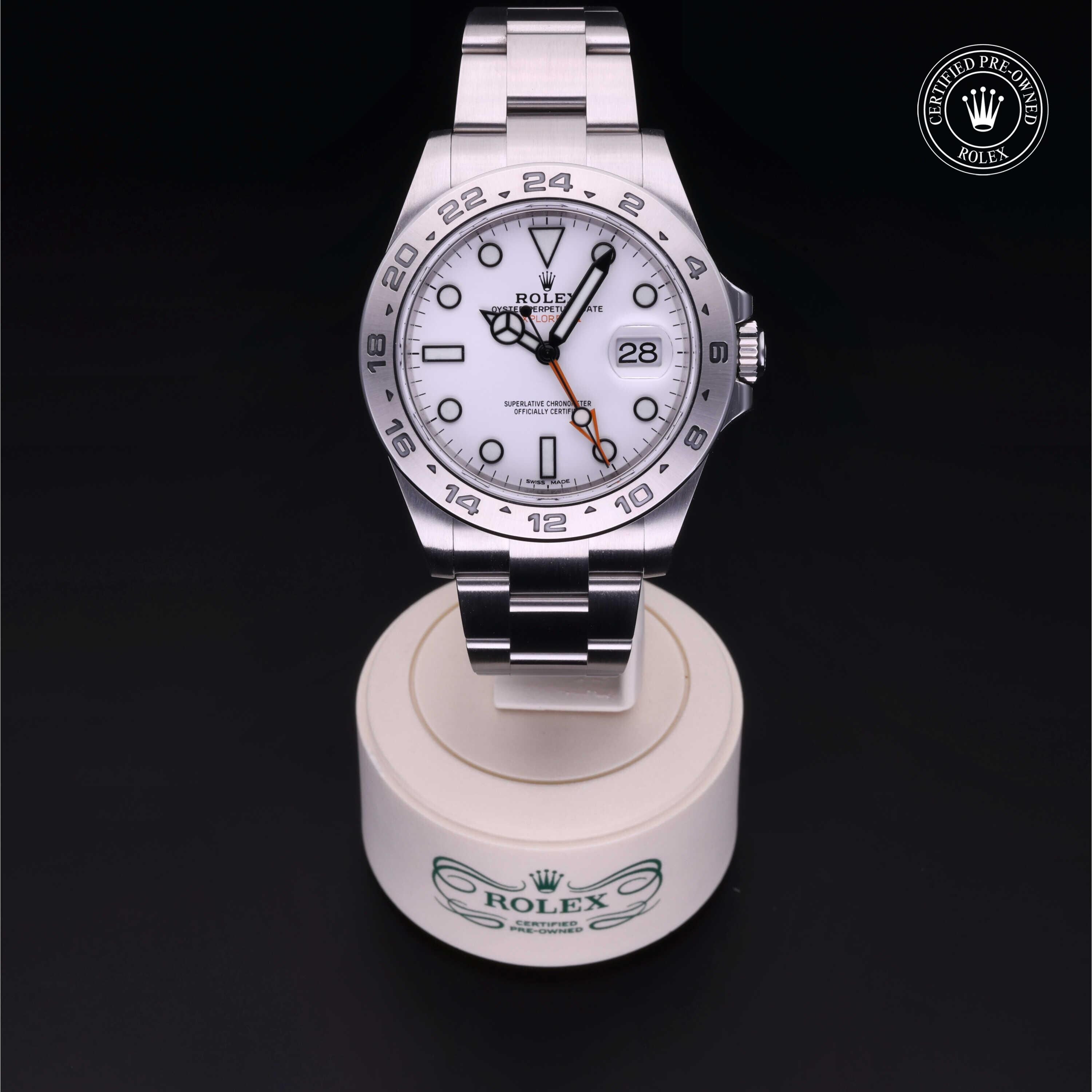 Rolex Certified Pre-owned Explorer II M216570-0001 front on black background