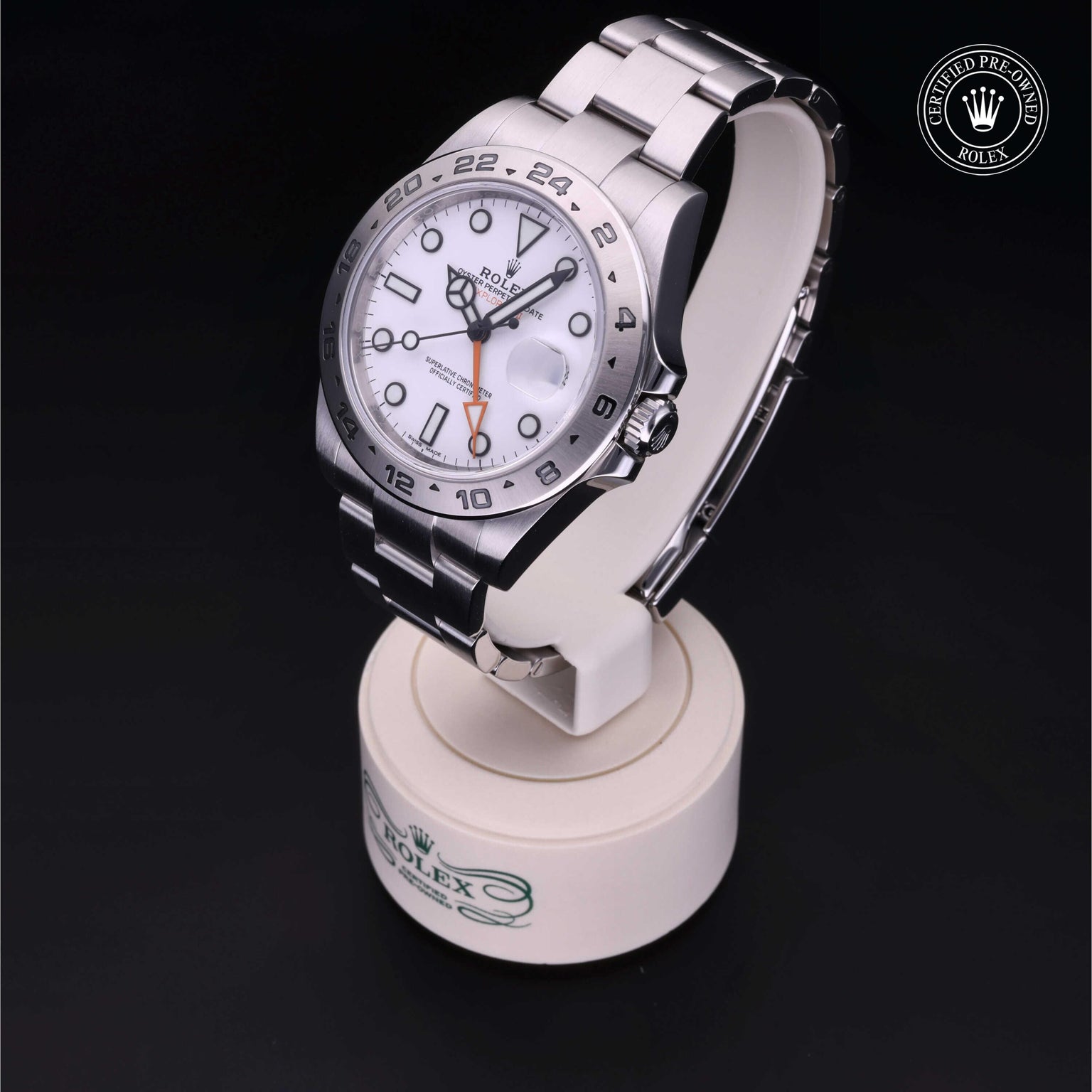 Rolex Certified Pre-owned Explorer II M216570-0001 front on black background