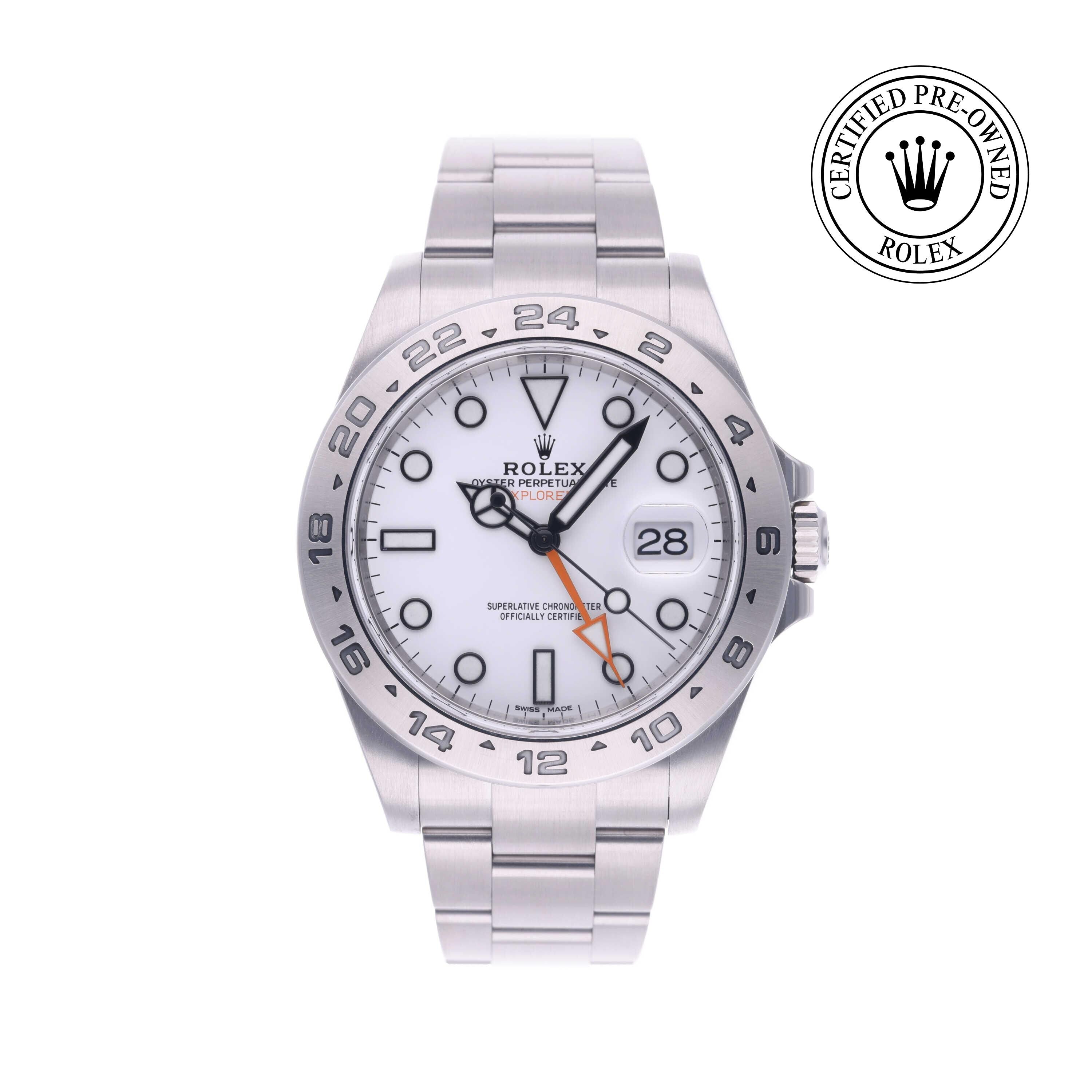 Rolex Certified Pre-owned Explorer II M216570-0001 front on white background