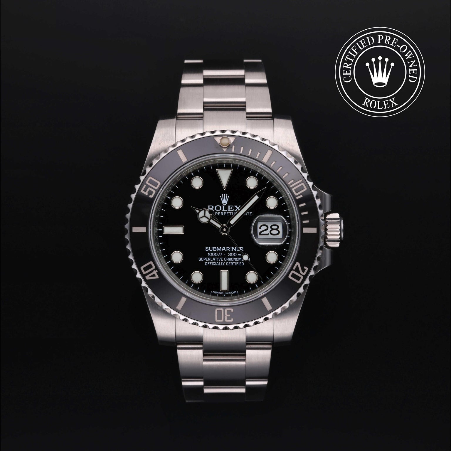 Rolex Certified Pre-owned Submariner M116610LN-0001 front on black background