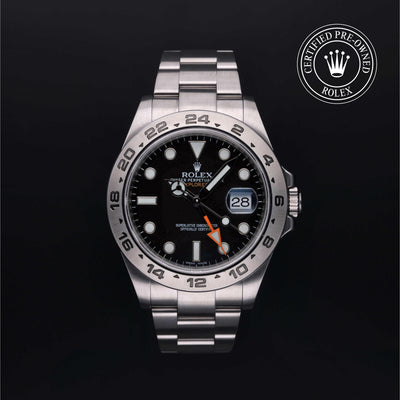 Rolex Certified Pre-owned Explorer II M216570-0002 front on black background