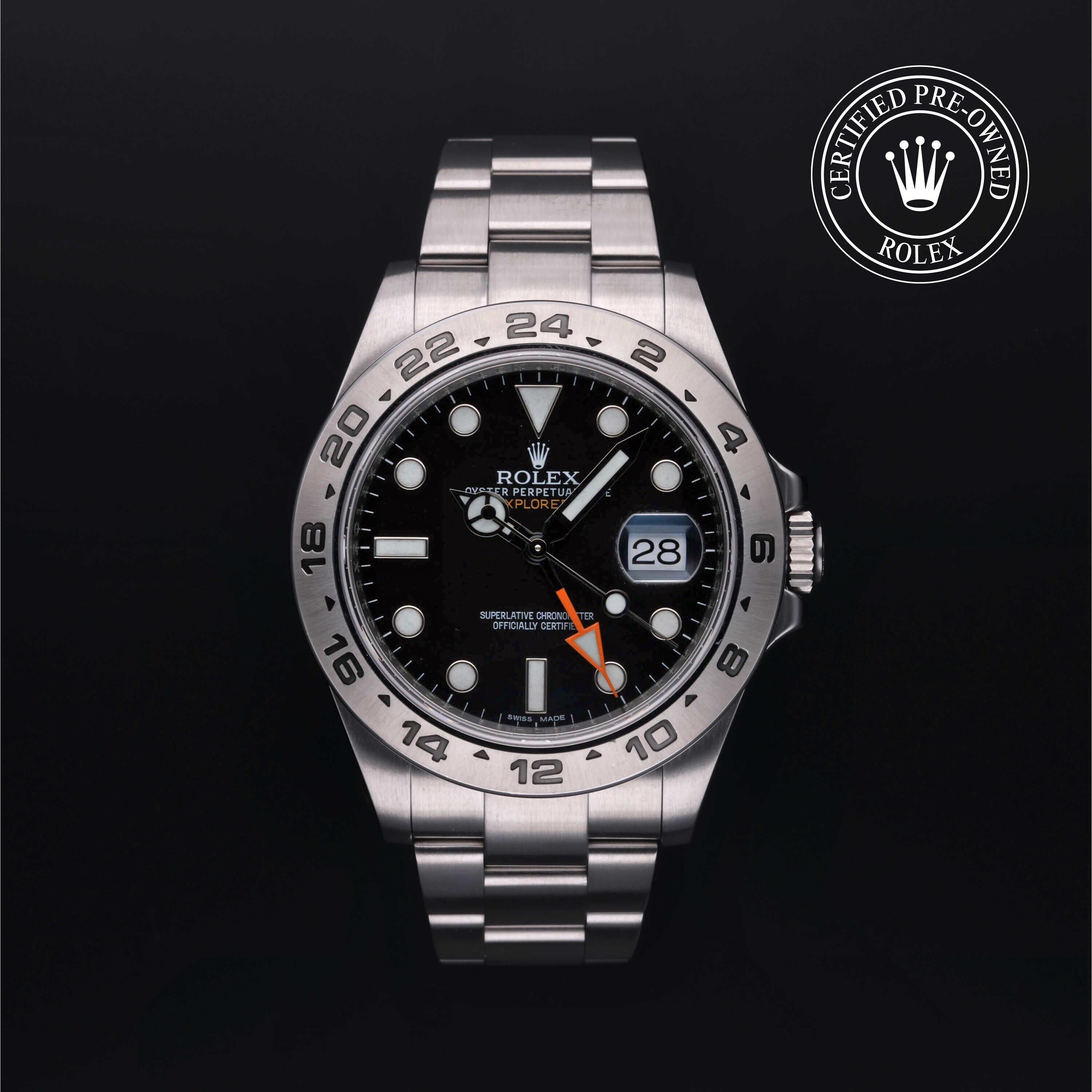 Rolex Certified Pre-owned Explorer II M216570-0002 front on black background