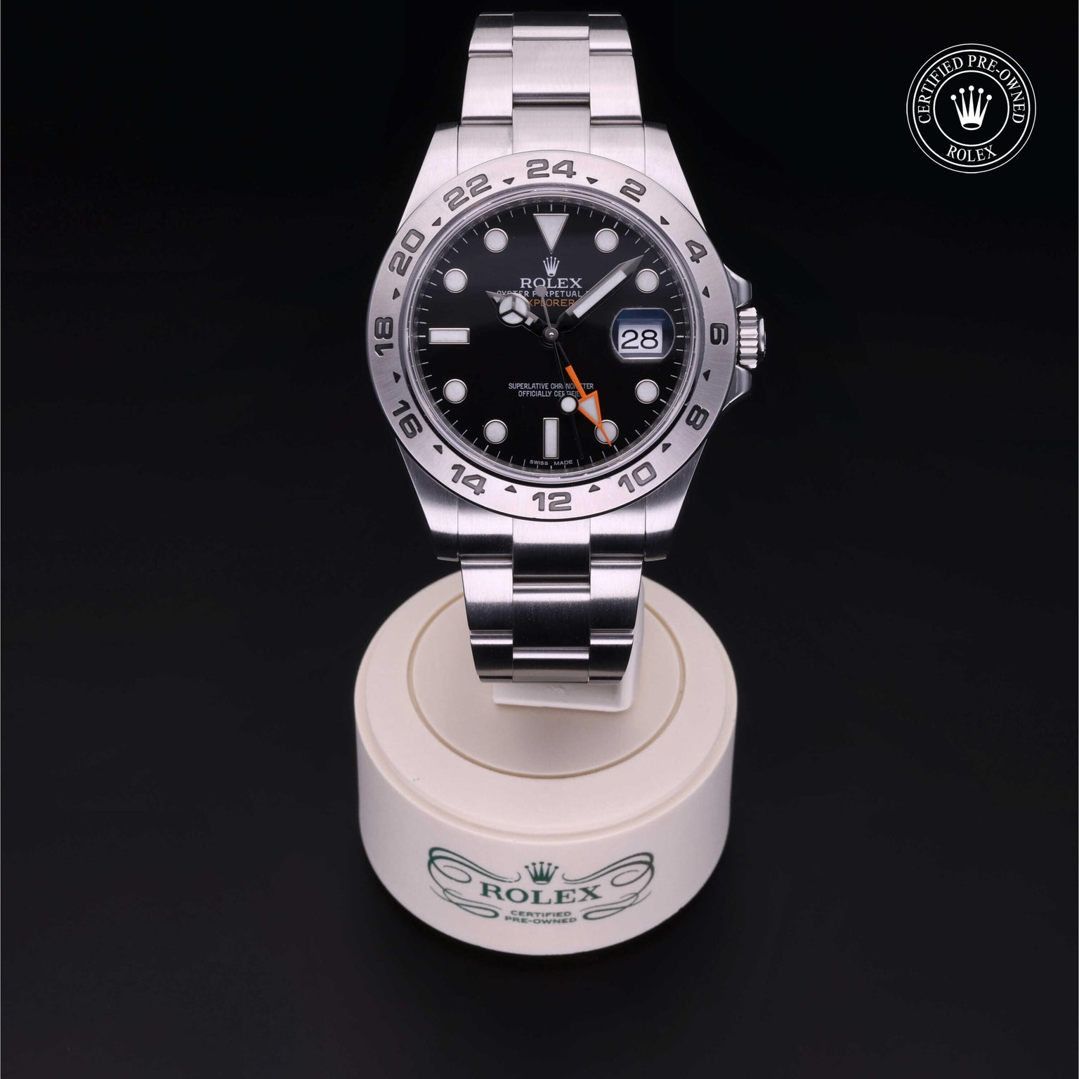 Rolex Certified Pre-owned Explorer II M216570-0002 front on black background