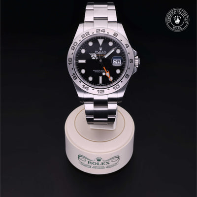Rolex Certified Pre-owned Explorer II M216570-0002 front on black background