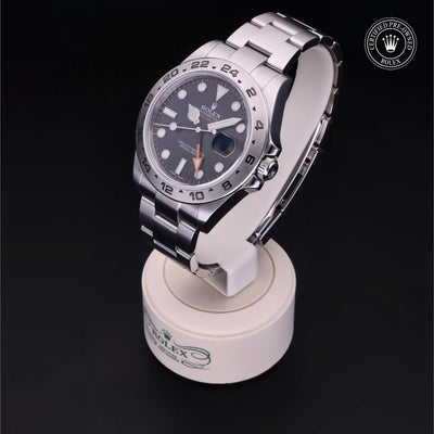 Rolex Certified Pre-owned Explorer II M216570-0002 front on black background