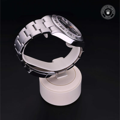Rolex Certified Pre-owned Explorer II M216570-0002 front on black background