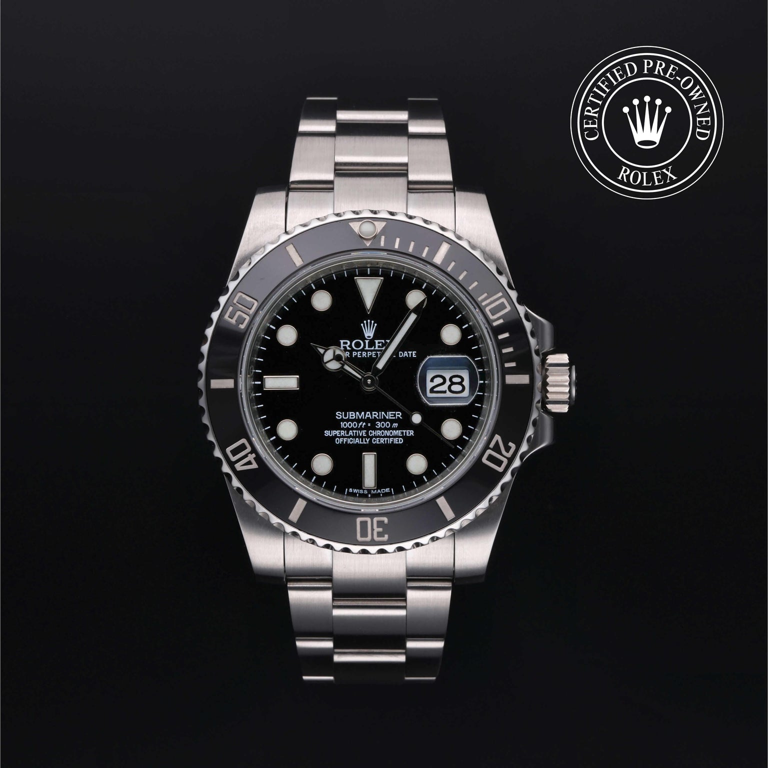 Rolex Certified Pre-owned Submariner M116610LN-0001 front on black background