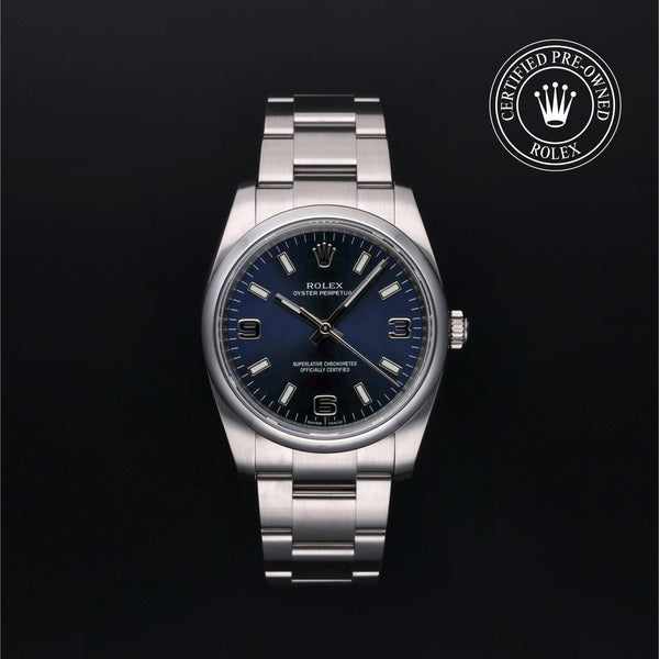 Rolex Certified Pre-owned Oyster Perpetual M114200-0014 front on black background