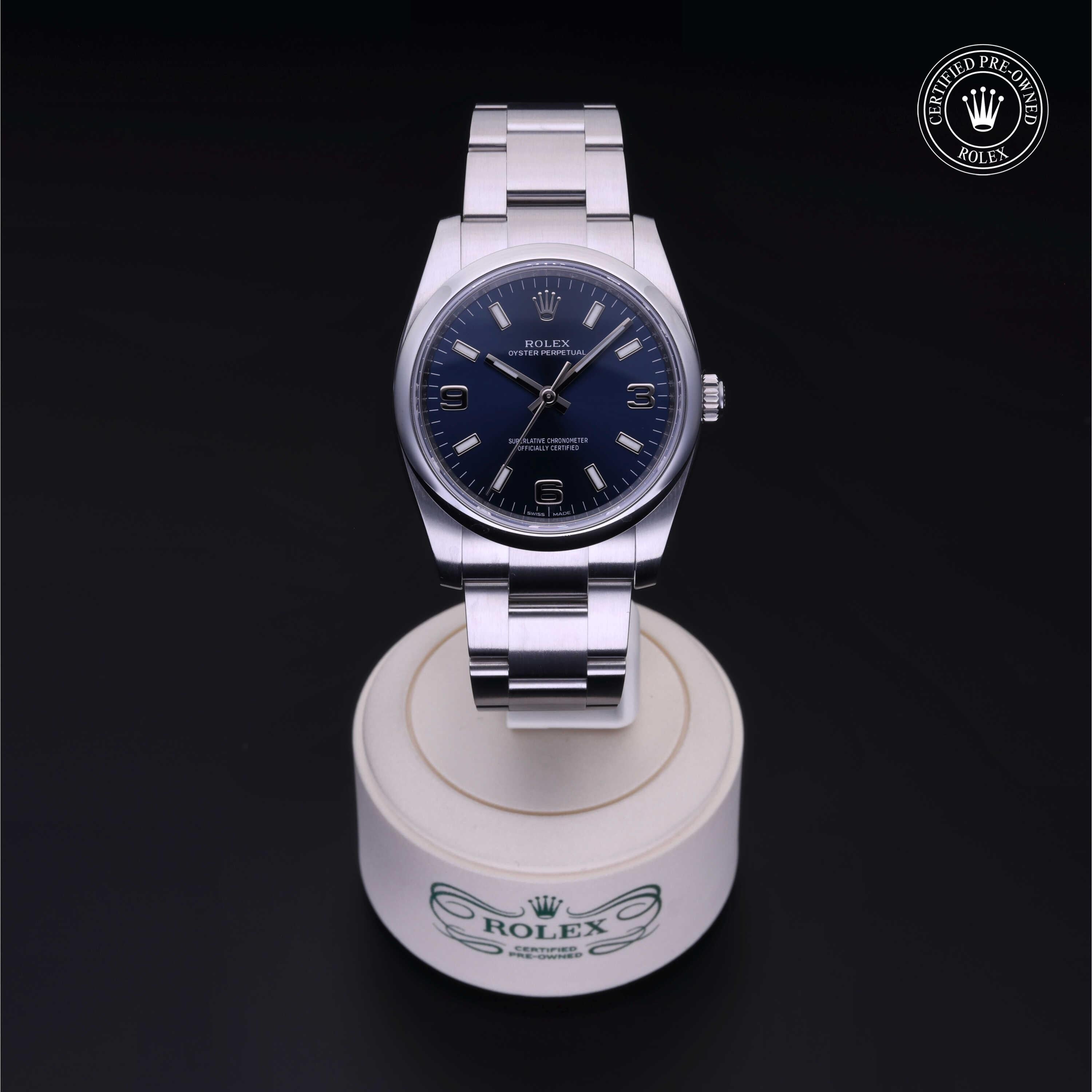 Rolex Certified Pre-owned Oyster Perpetual M114200-0014 front on black background