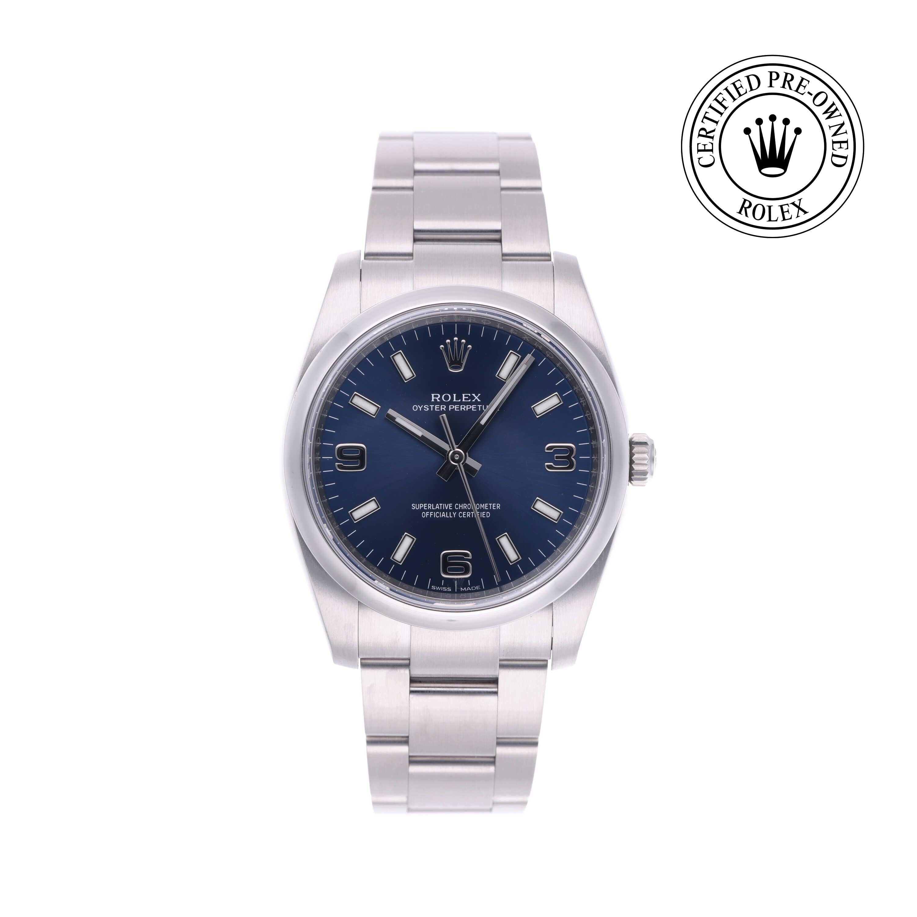Rolex Certified Pre-owned Oyster Perpetual M114200-0014 front on white background