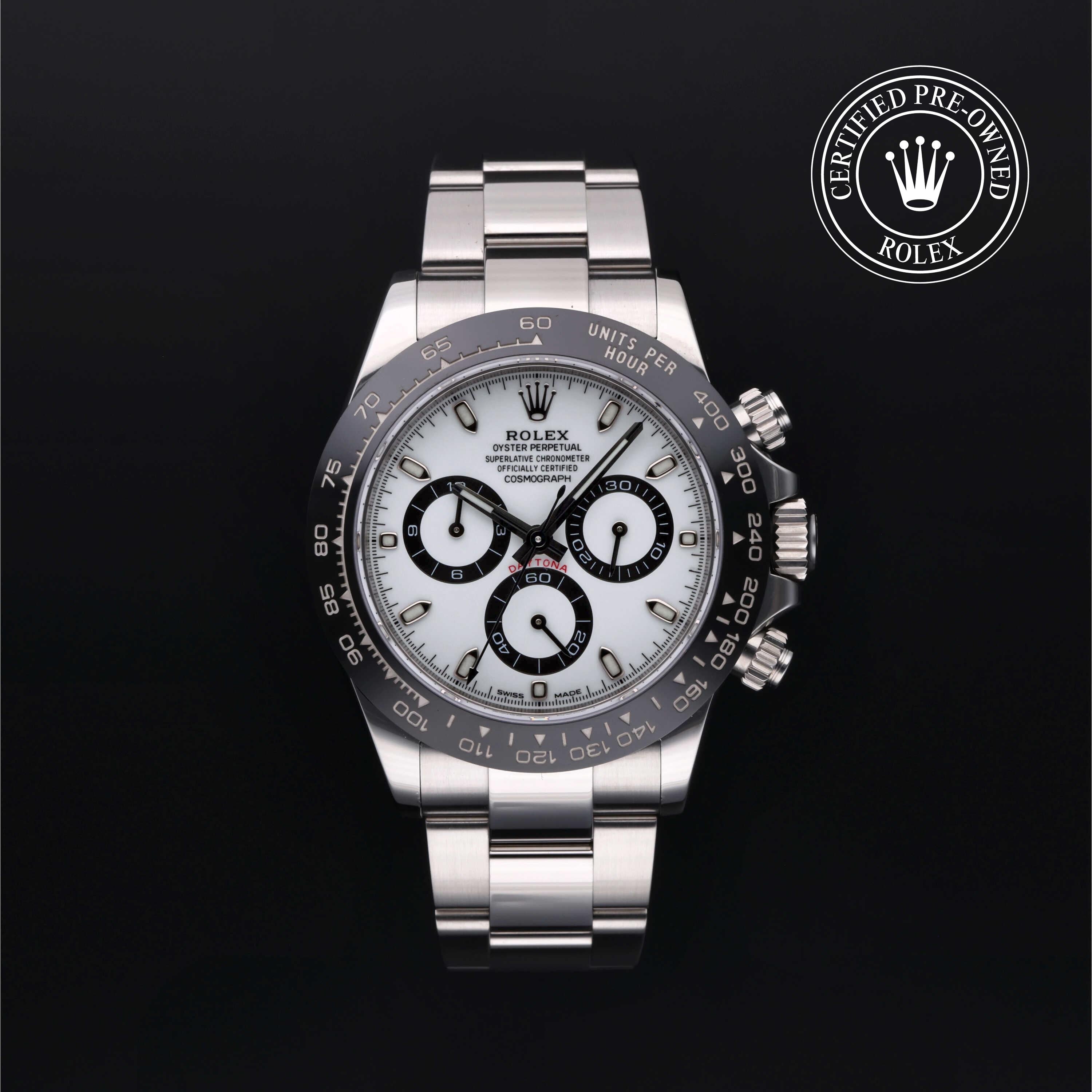 Rolex Certified Pre-owned Daytona M116500LN-0001 front on black background