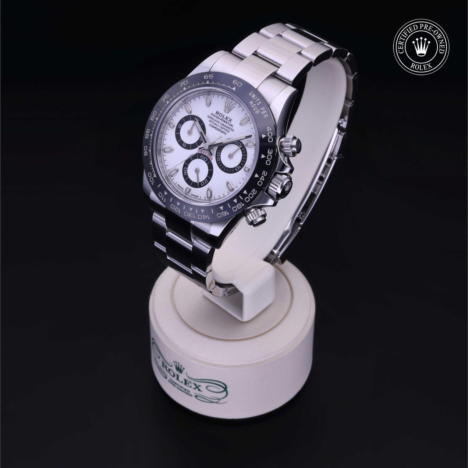 Rolex Certified Pre-owned Daytona M116500LN-0001 front on black background