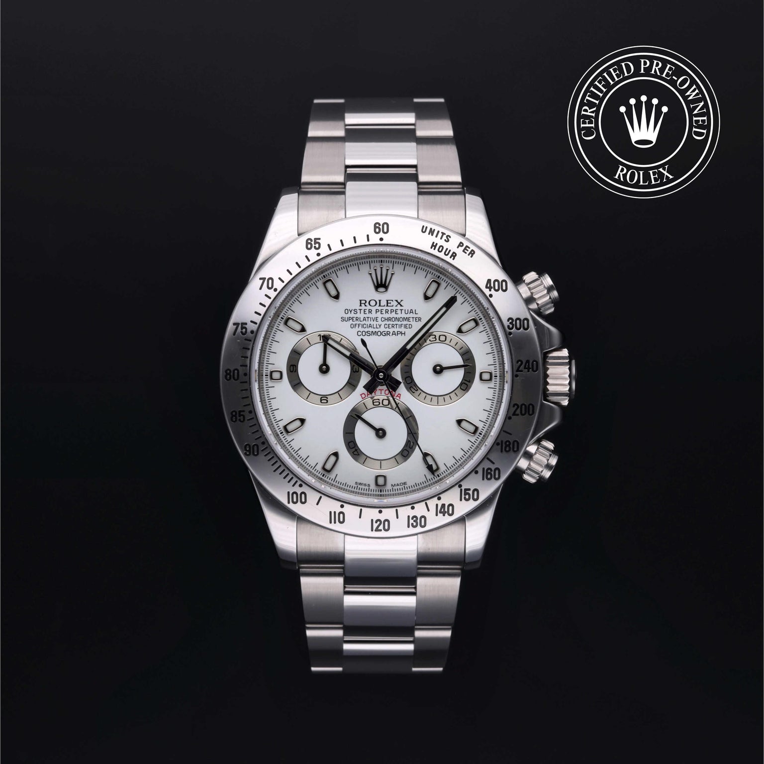 Rolex Certified Pre-owned Daytona M116520-0016 front on black background