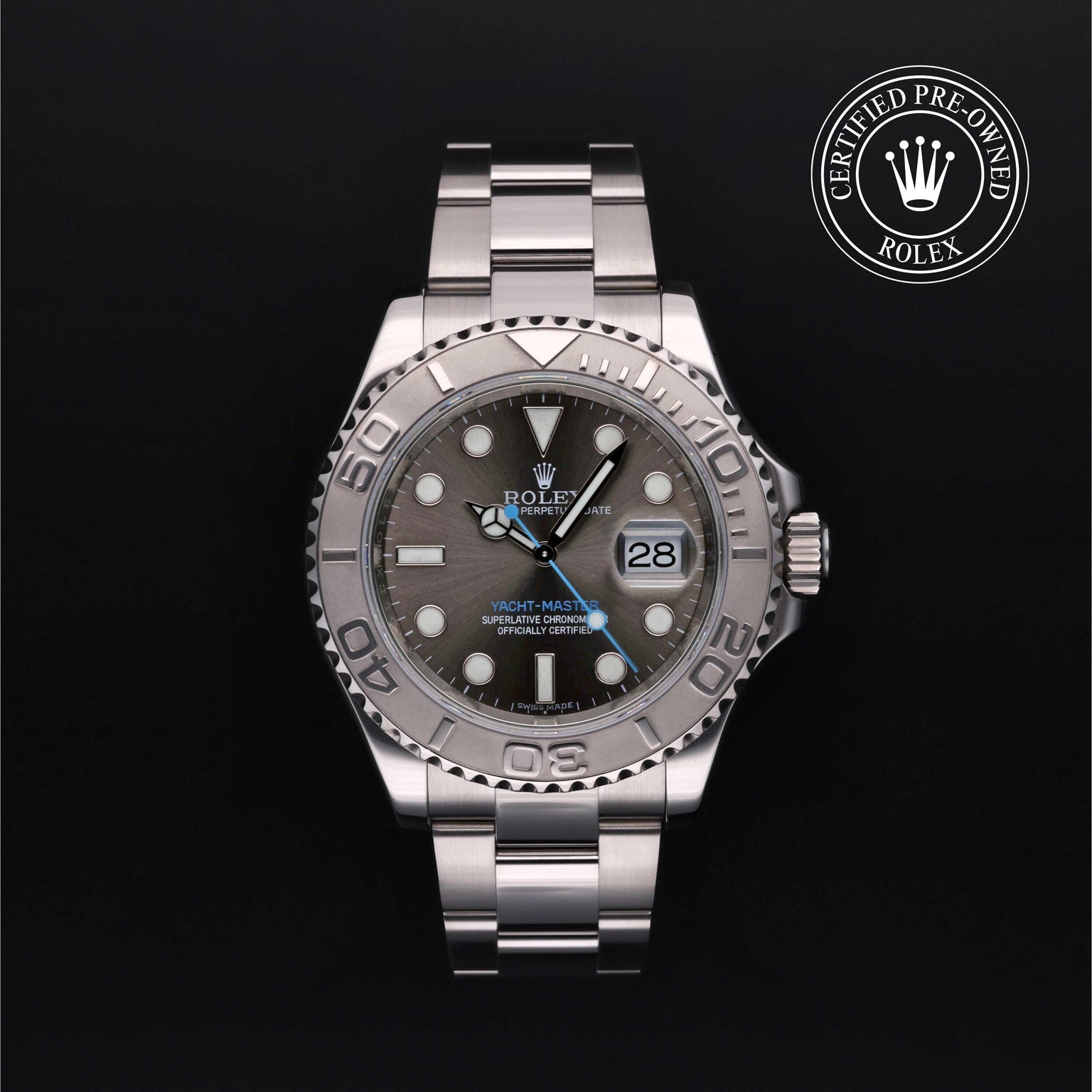 Rolex Certified Pre-owned Yacht-Master M116622-0003 front on black background