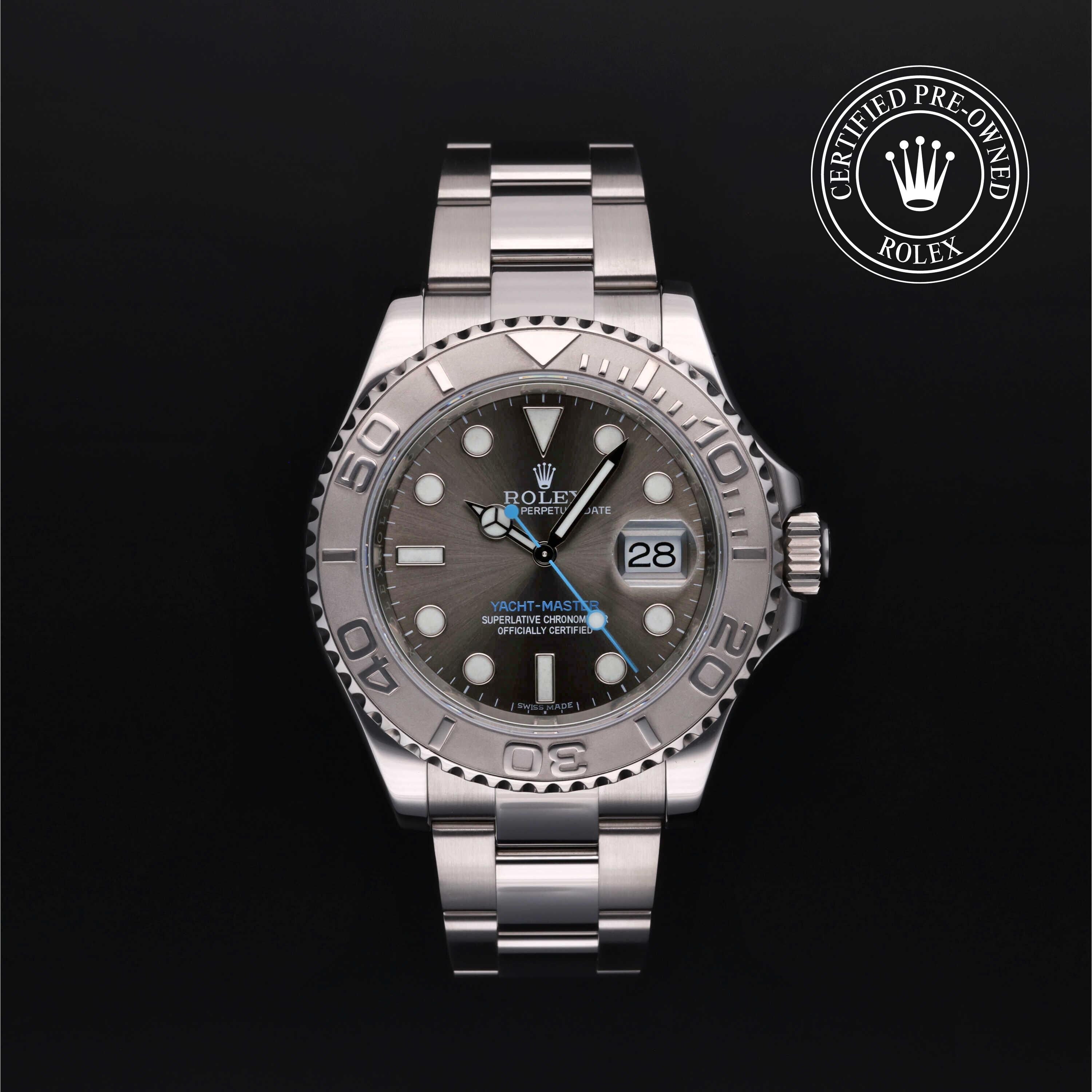 Rolex Certified Pre-owned Yacht-Master M116622-0003 front on black background