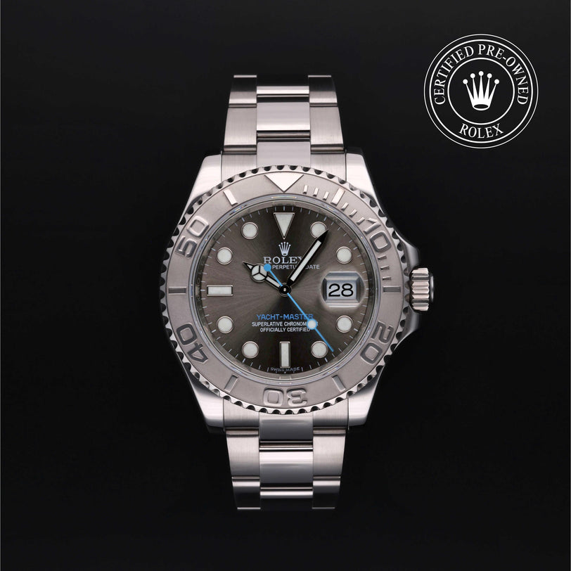 Rolex Certified Pre-owned Yacht-Master M116622-0003 front on black background