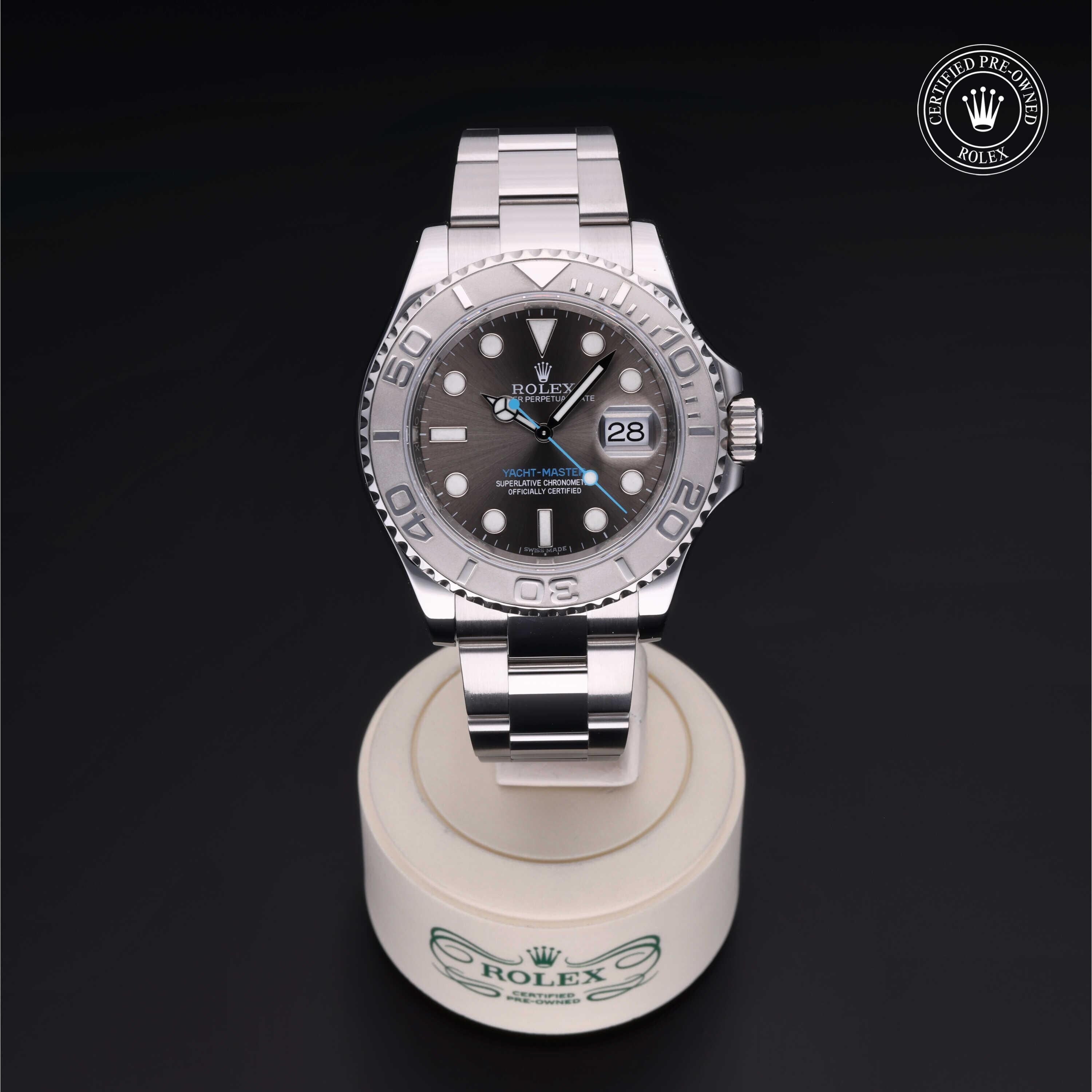 Rolex Certified Pre-owned Yacht-Master M116622-0003 front on black background