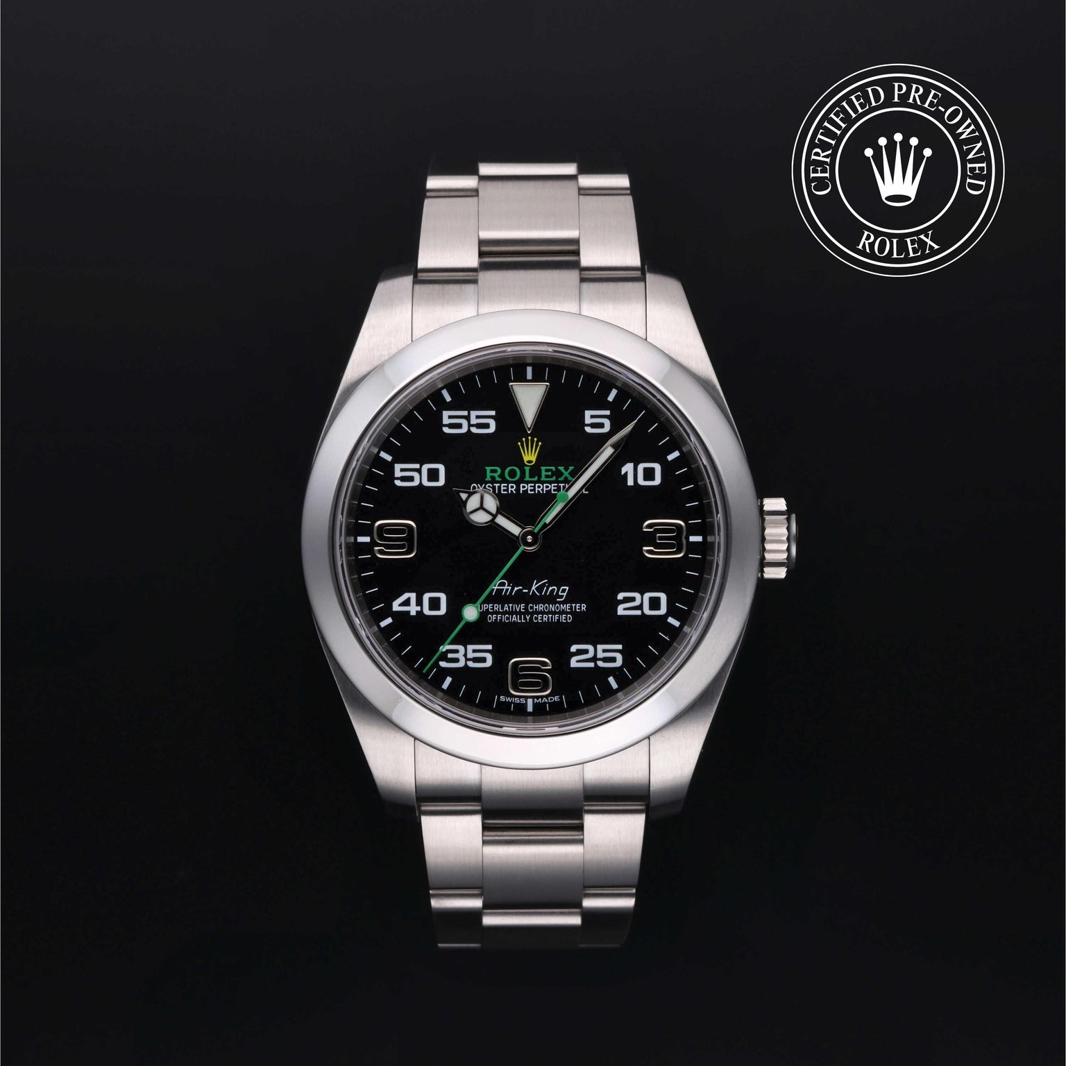 Rolex Certified Pre-owned Air-King M116900-0001 front on black background