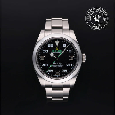 Rolex Certified Pre-owned Air-King M116900-0001 front on black background